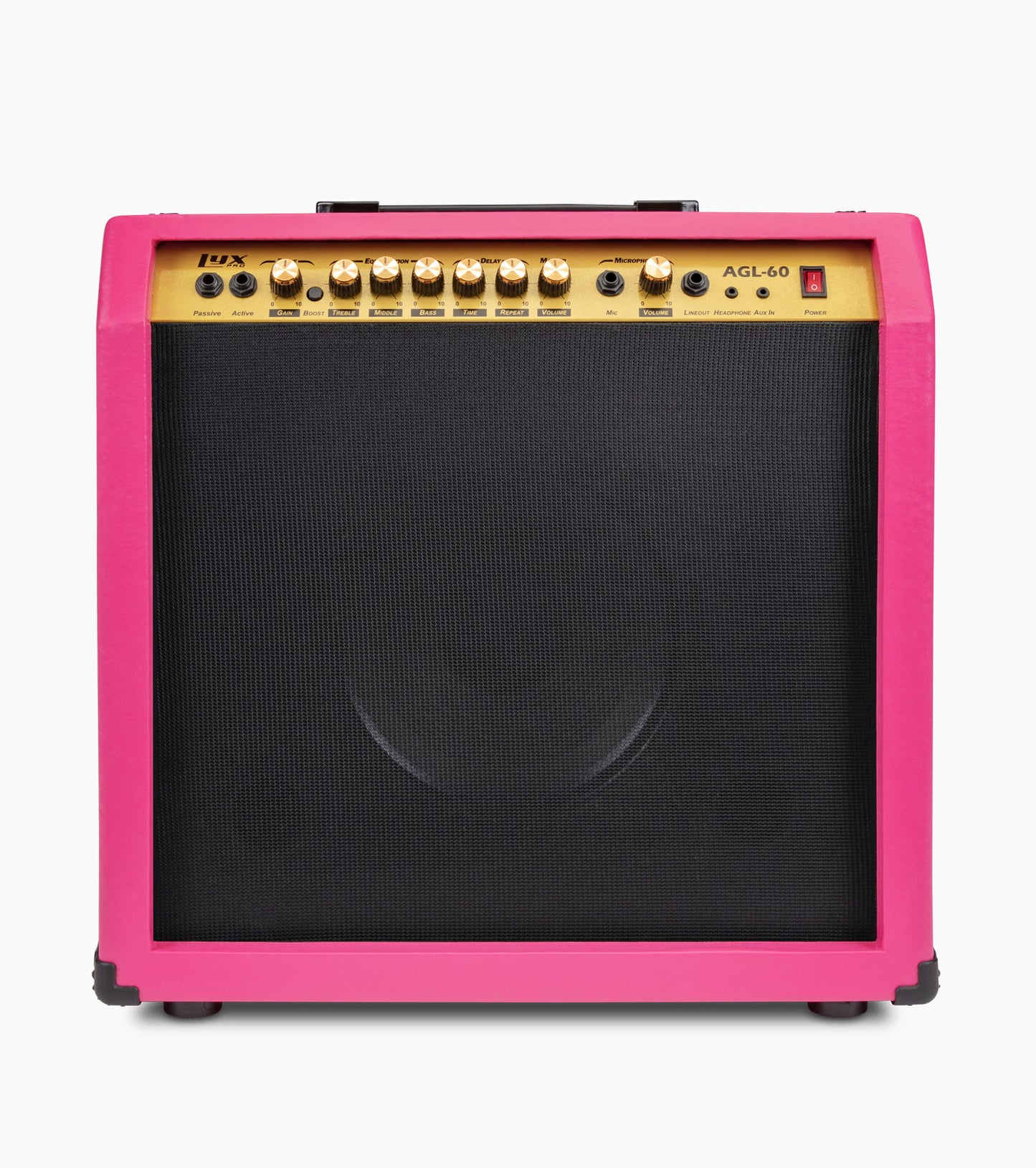 frontal view of pink 60-watt beginner guitar amp 