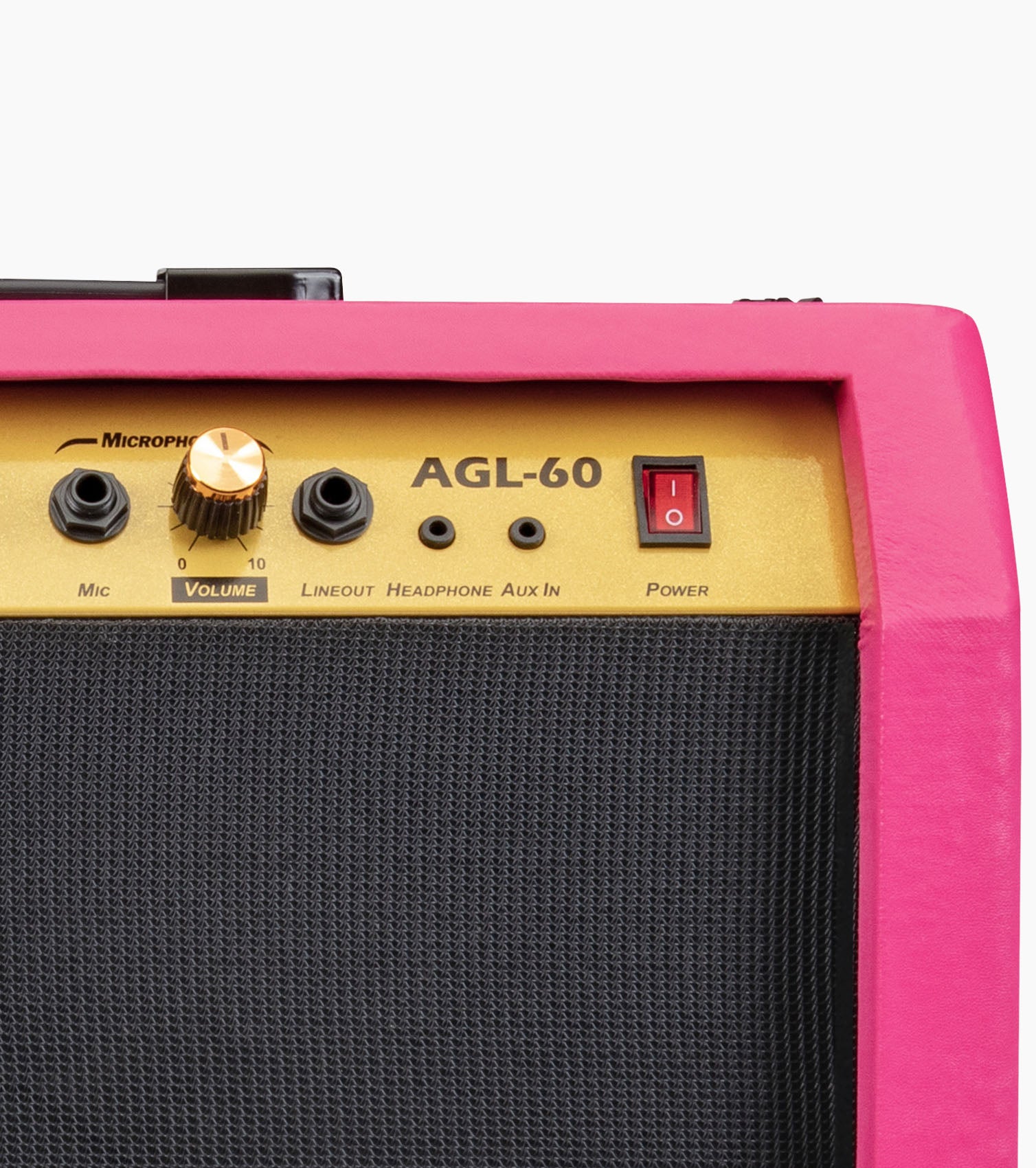 close-up of pink 60-watt beginner guitar amp controls 