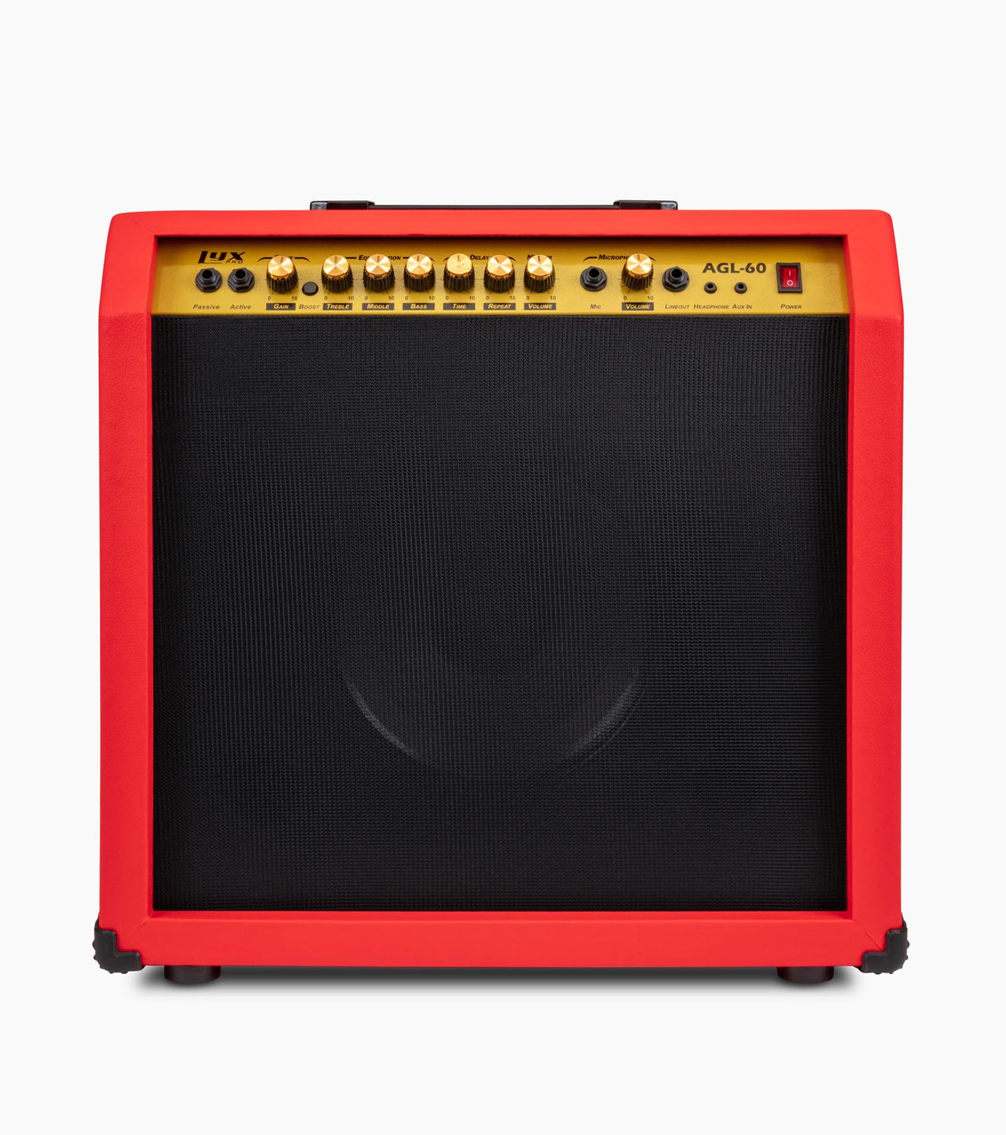  frontal view of red 60-watt beginner guitar amp