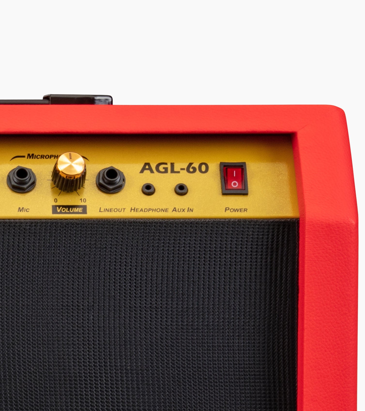  close-up of red 60-watt beginner guitar amp controls 