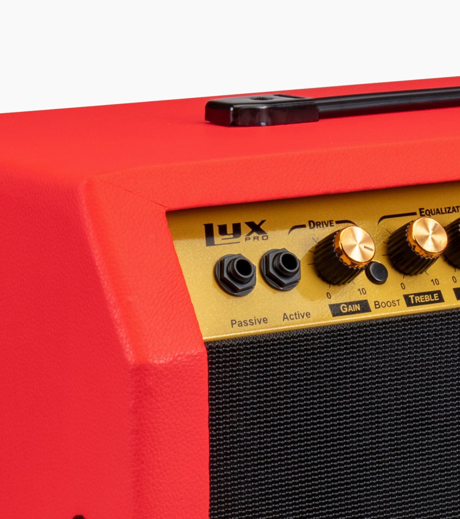close-up of red 60-watt beginner guitar amp controls