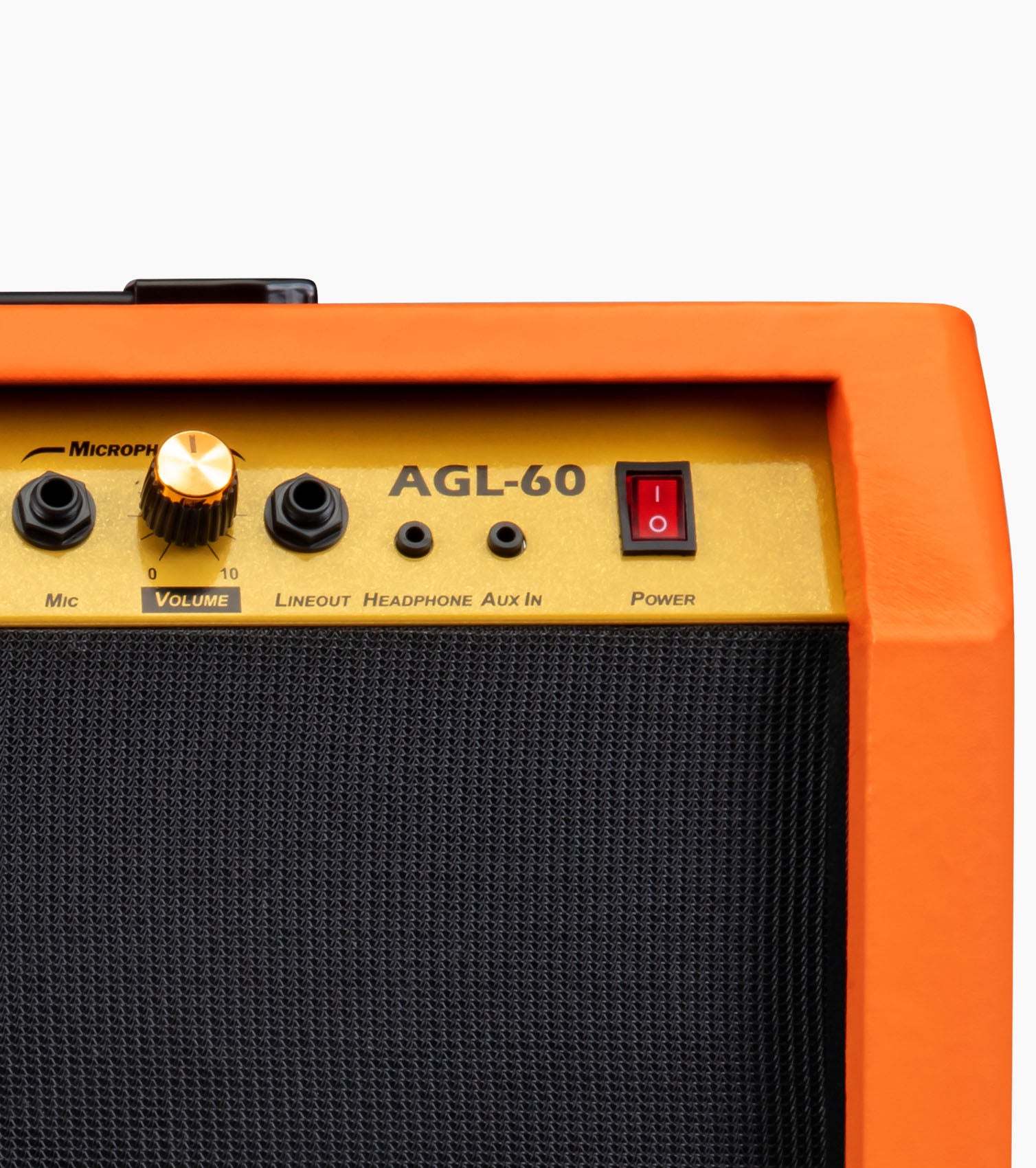 close-up of sunburst 60-watt beginner guitar amp controls 
