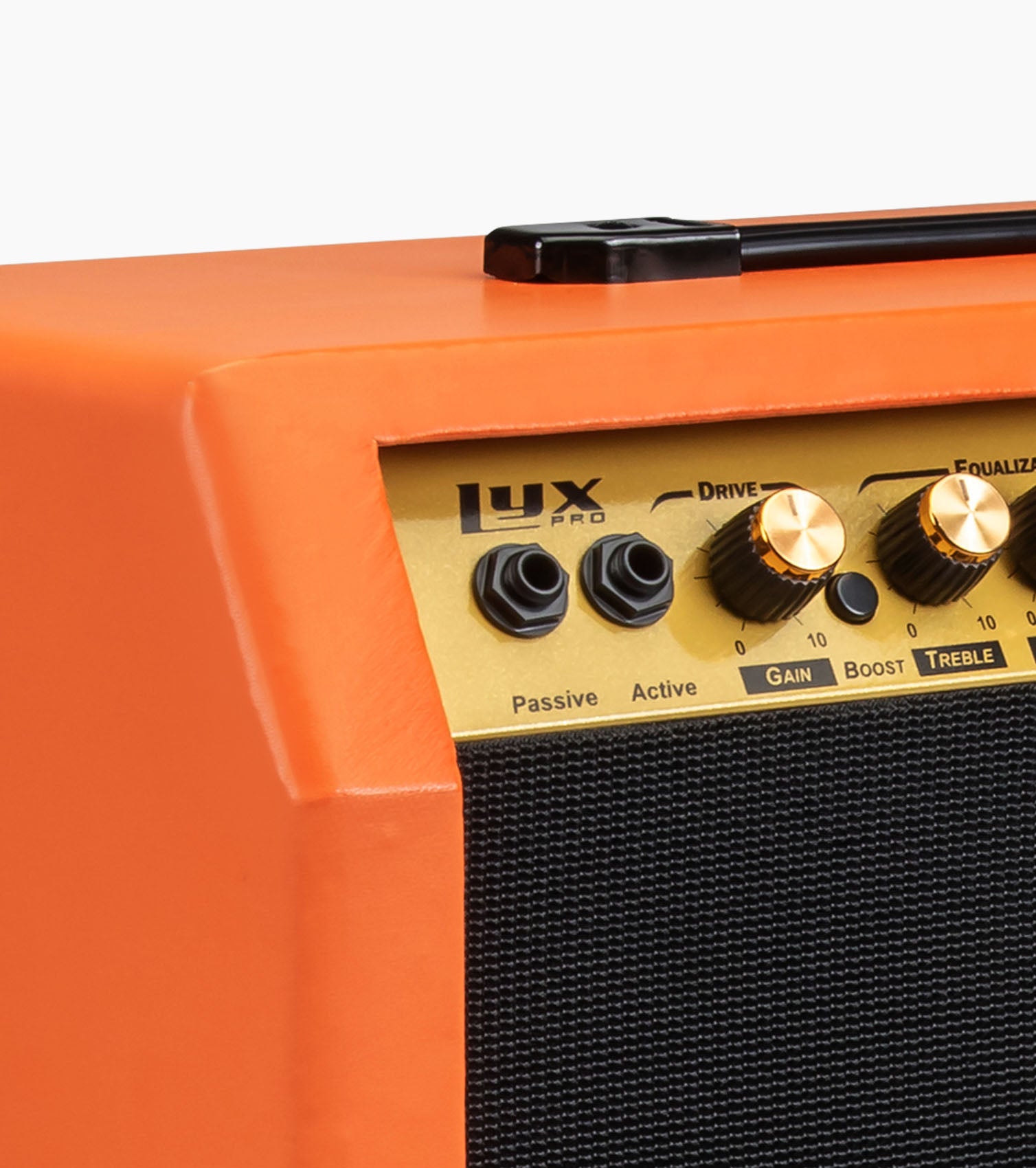 close-up of sunburst 60-watt beginner guitar amp controls
