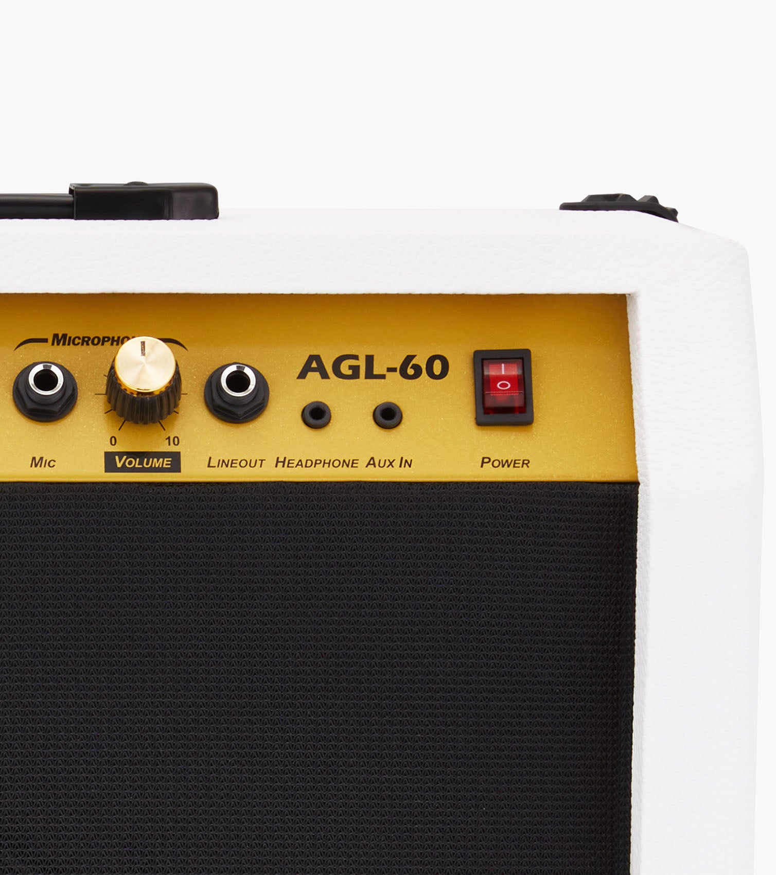 close-up of white 60-watt beginner guitar amp controls 