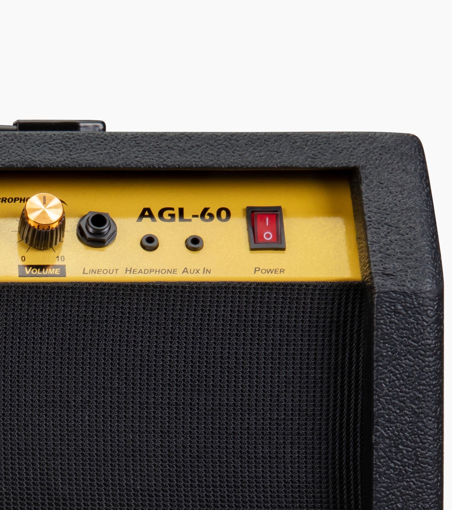 close-up of black 60-watt beginner guitar amp controls