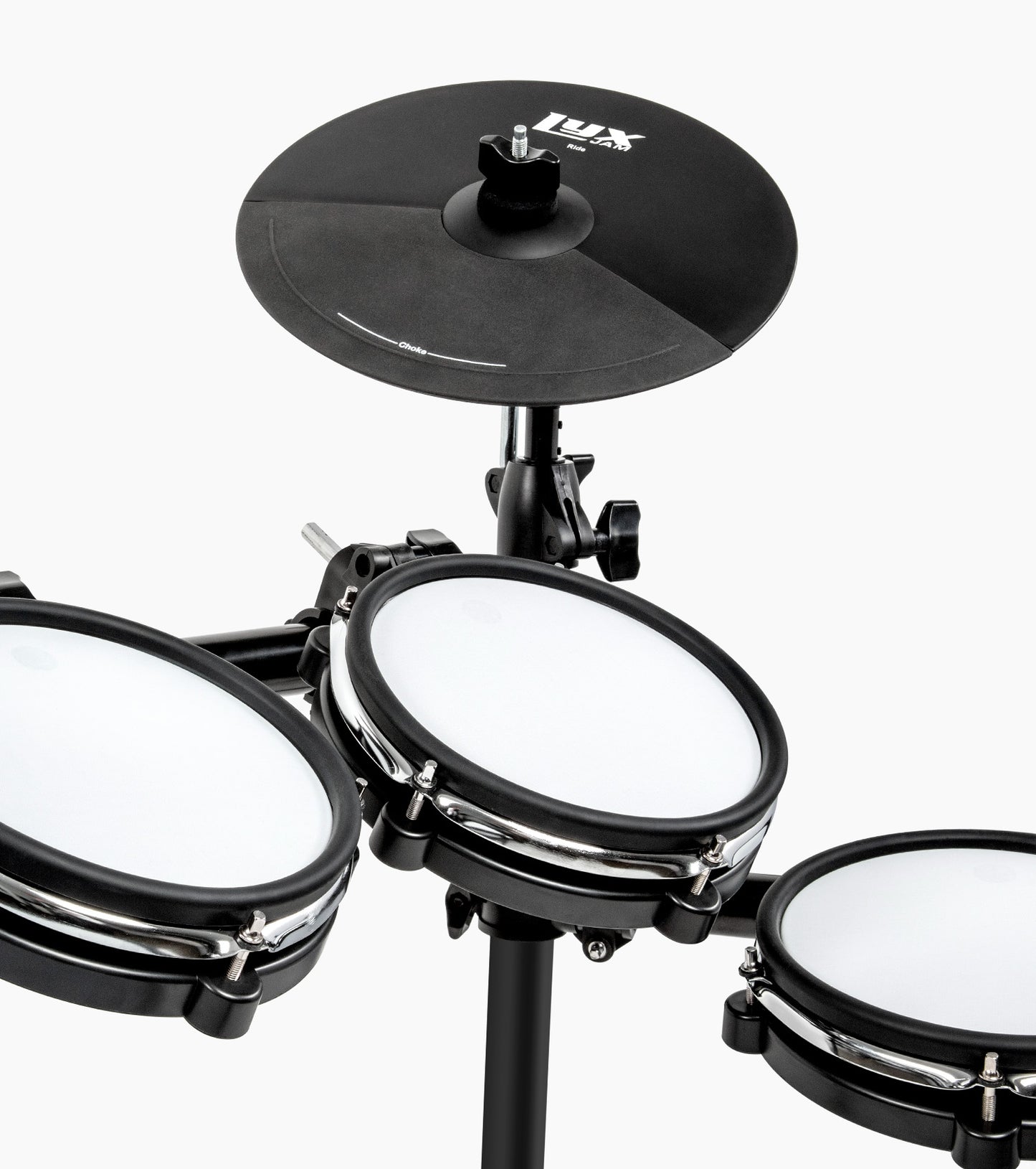 close-up of 8 piece electronic drum set drumheads and cymbal 