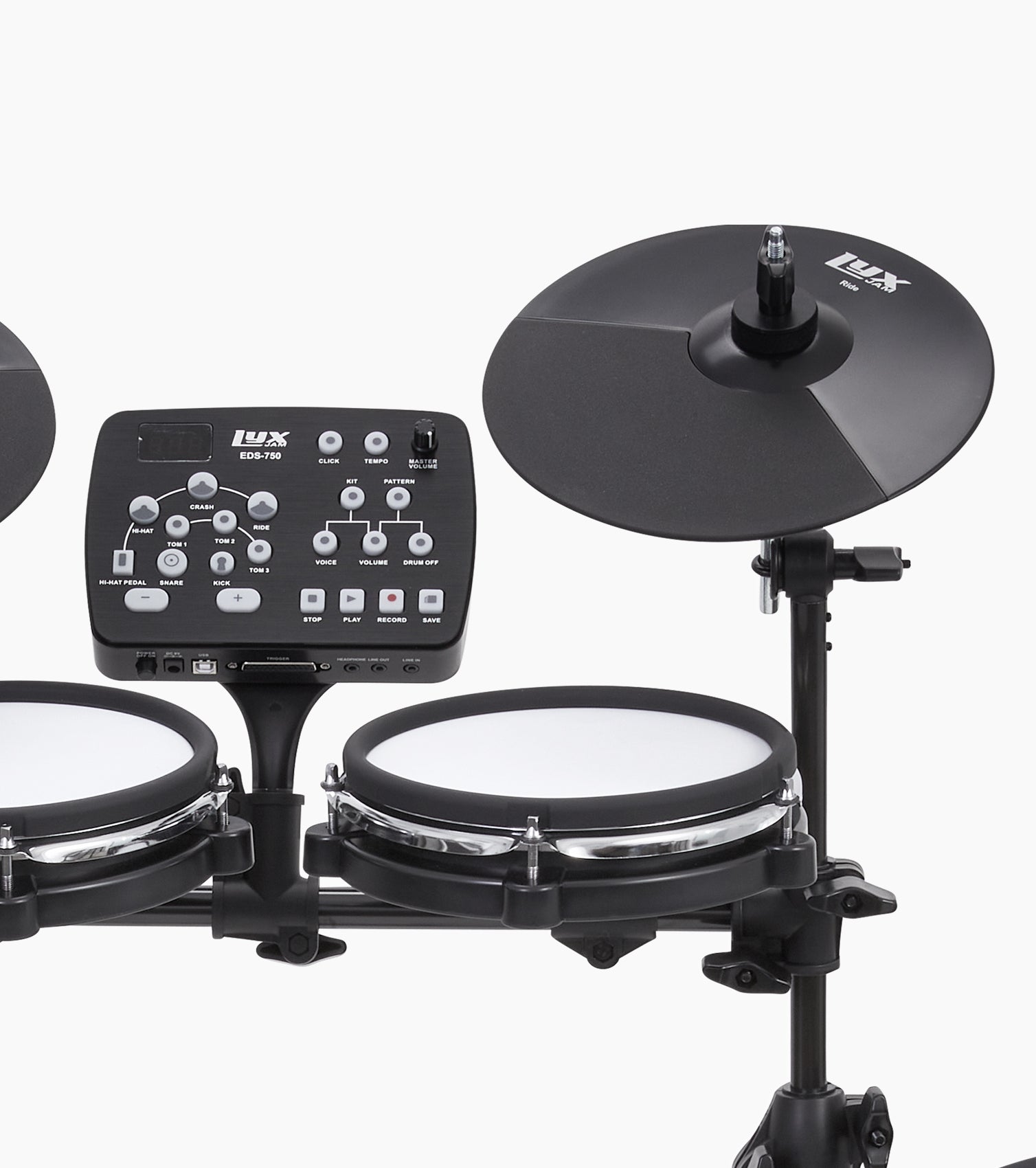close-up of 7 piece electronic drum set cymbal heads 