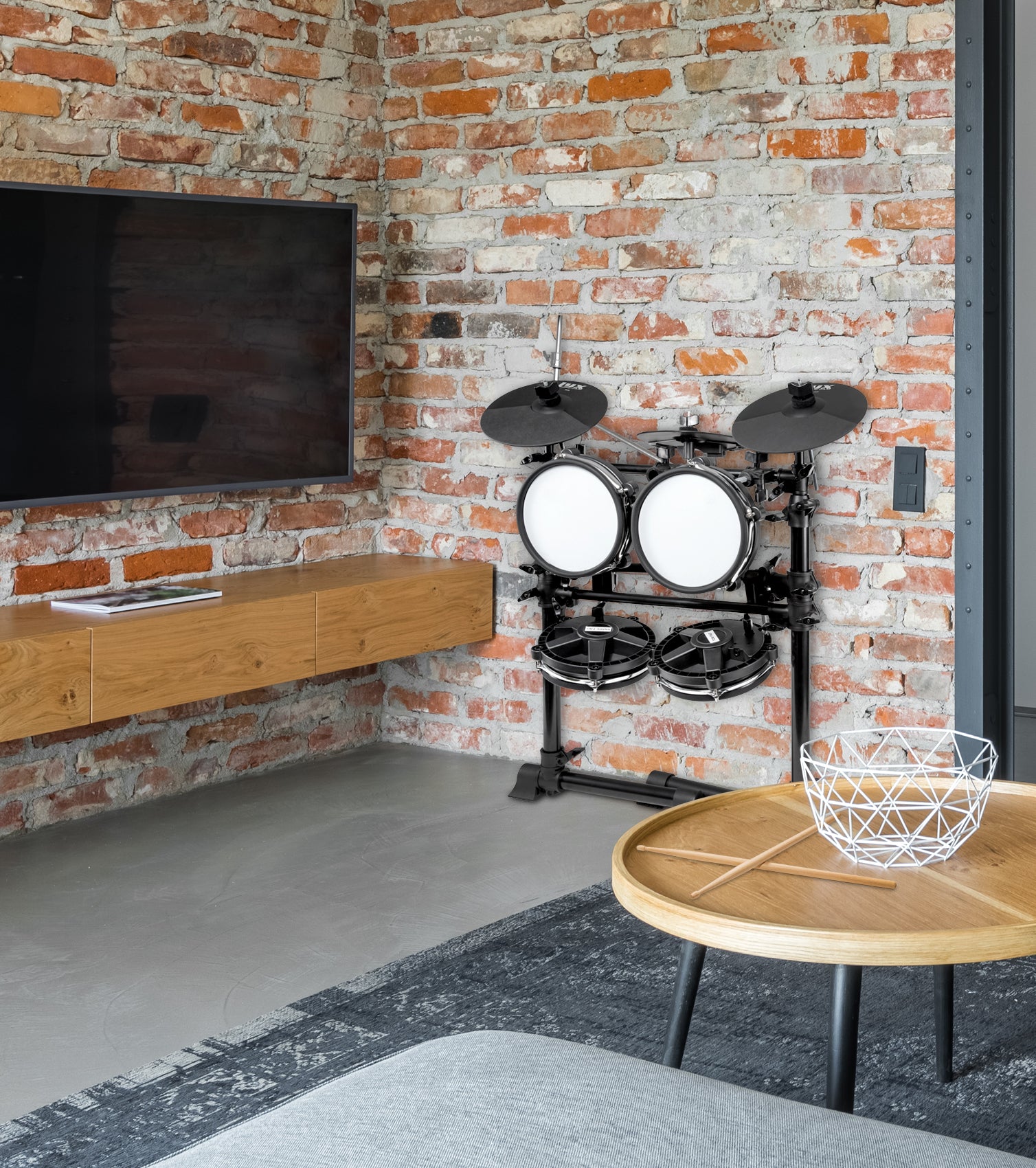 7 piece electronic drum set stored in a room