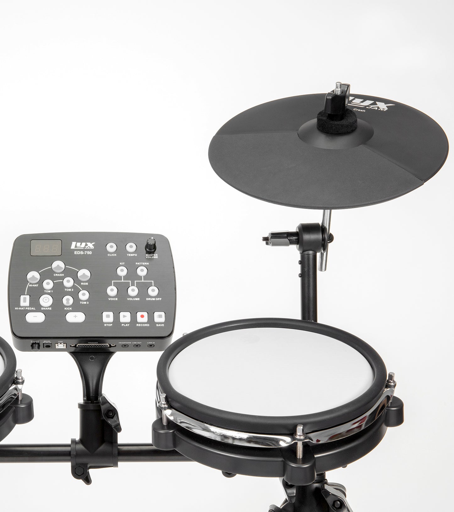 close-up of 7 piece electronic drum set cymbal heads