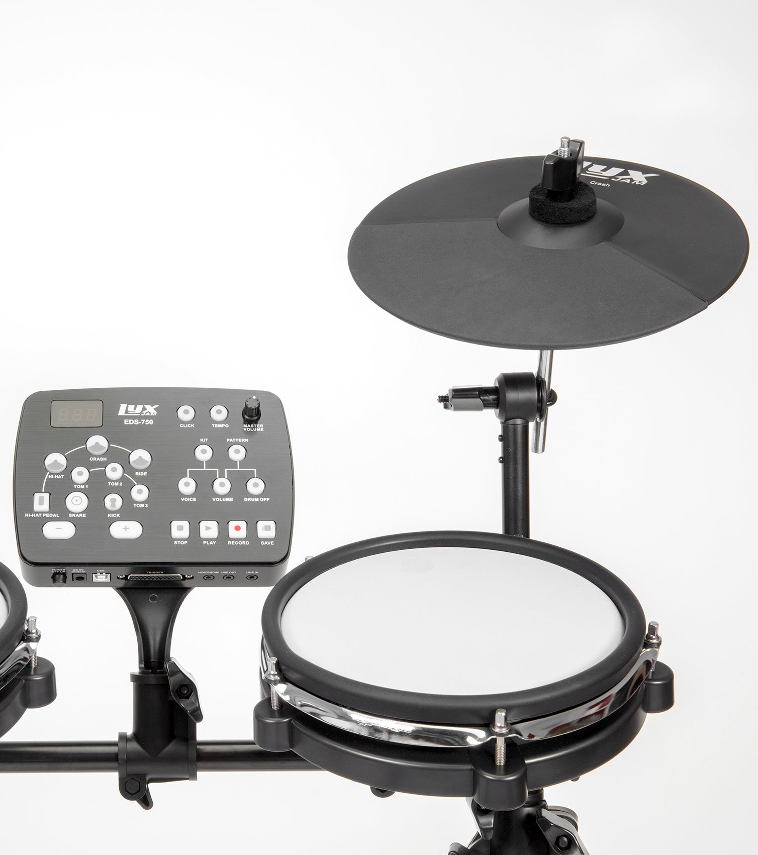 close-up of 7 piece electronic drum set cymbal heads