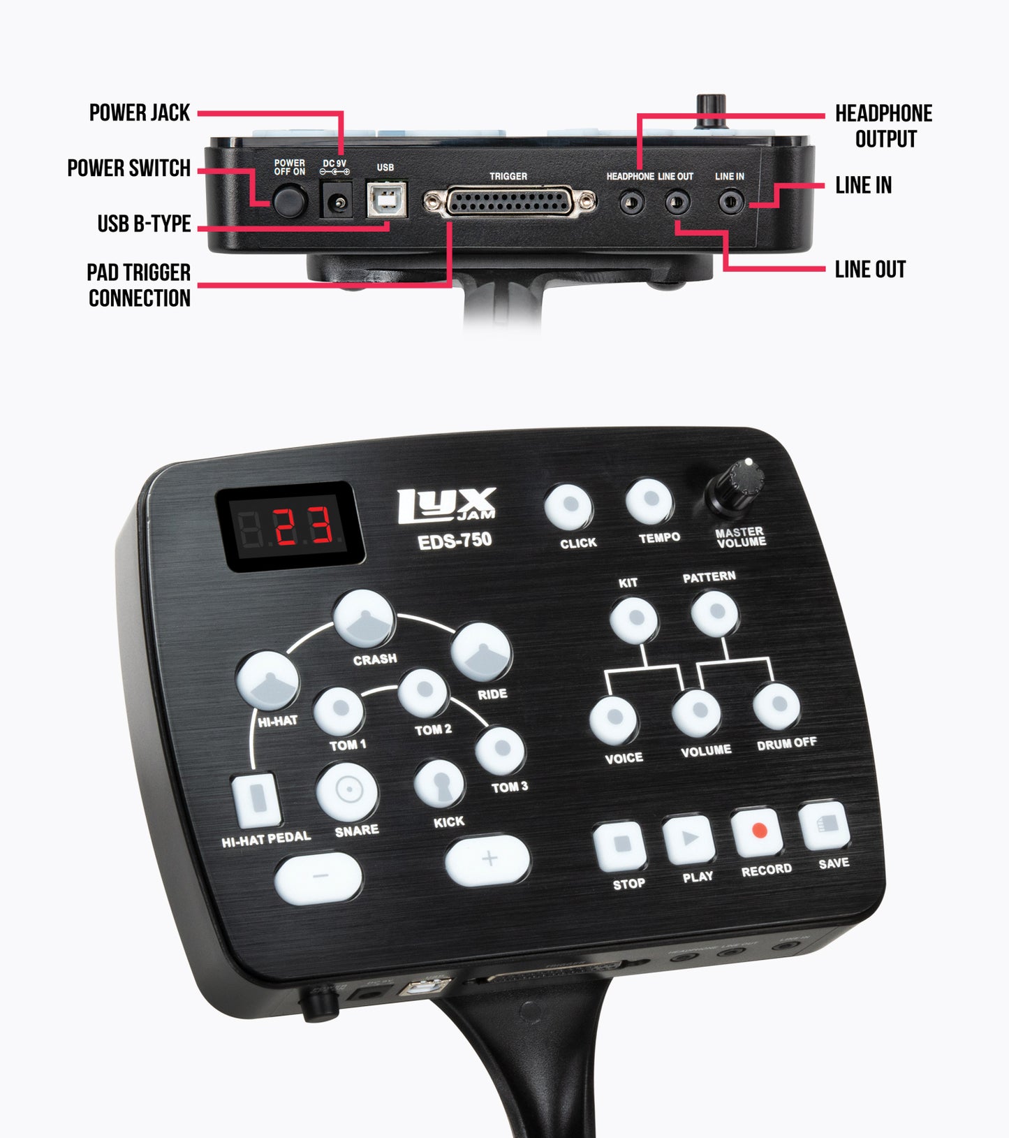 close-up of 7 piece electronic drum set sound board