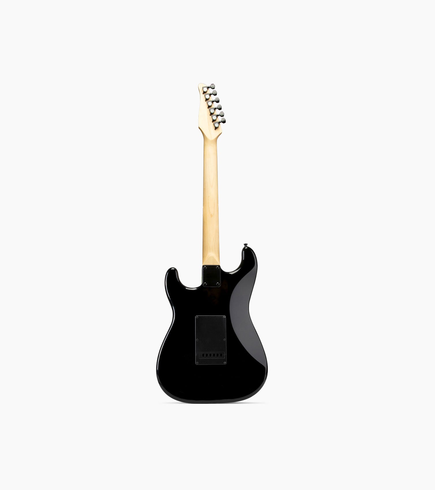back of 39” black beginner electric guitar 