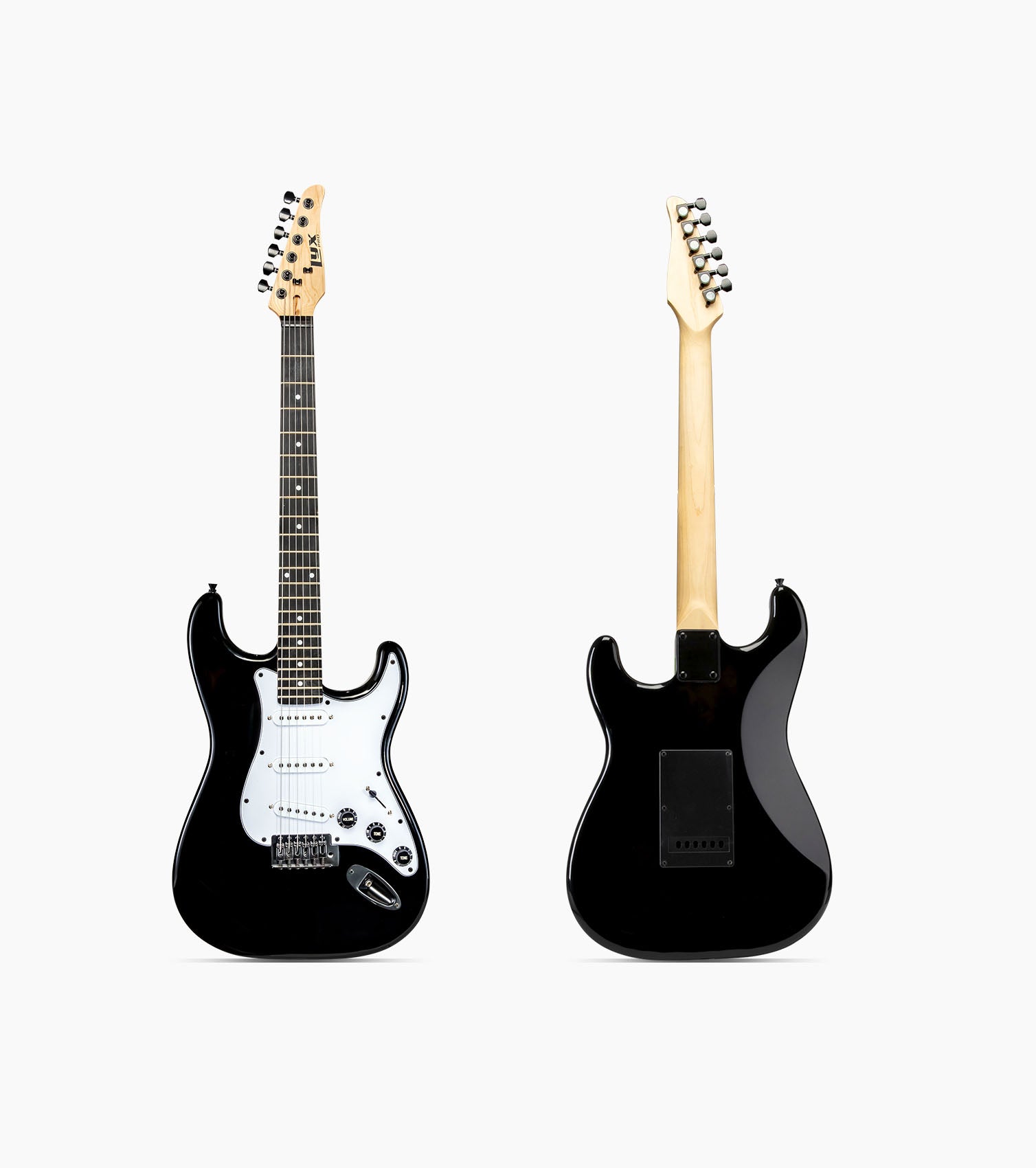 front and back of 39” black beginner electric guitar