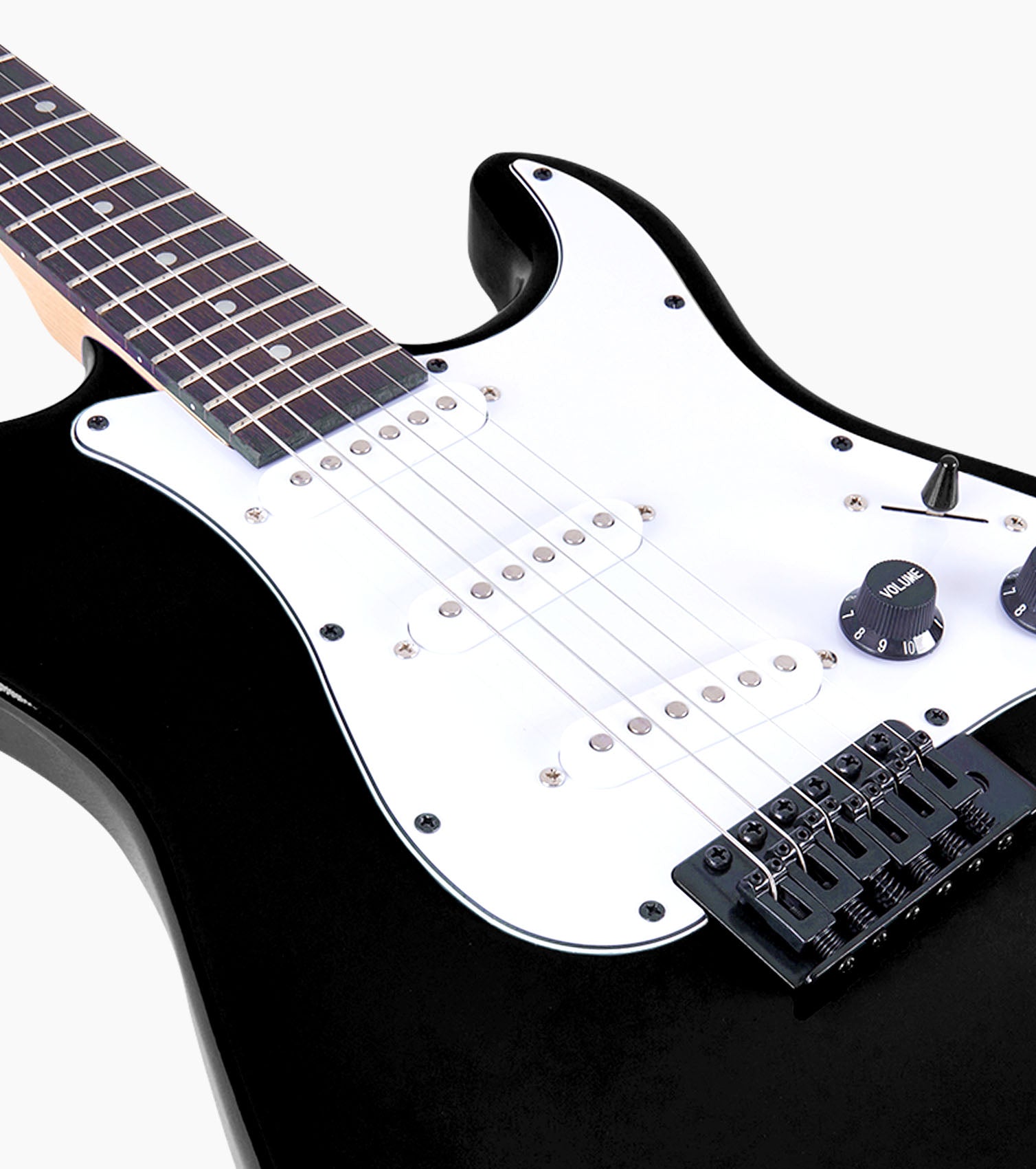 close-up of 39” black beginner electric guitar