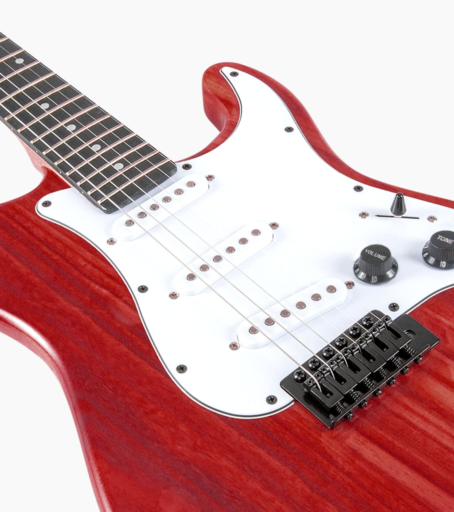 close-up of 39” Red beginner electric guitar