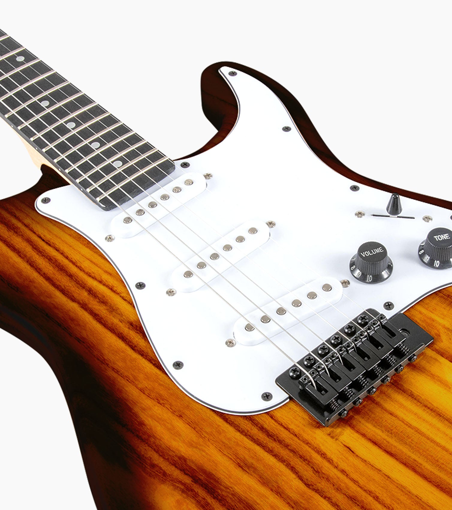 close-up of 39” Sunburst beginner electric guitar