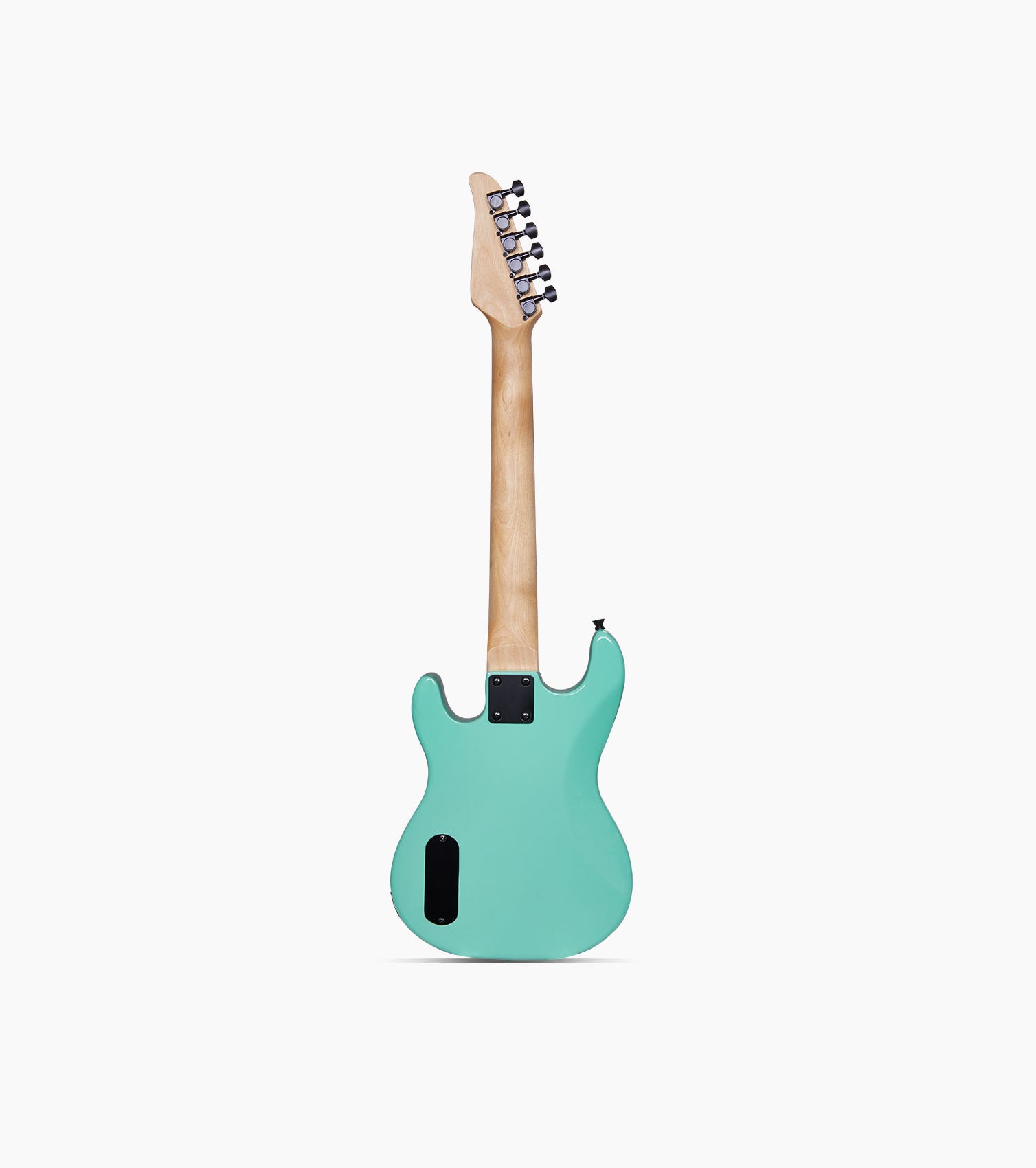 back of 30” green beginner electric guitar