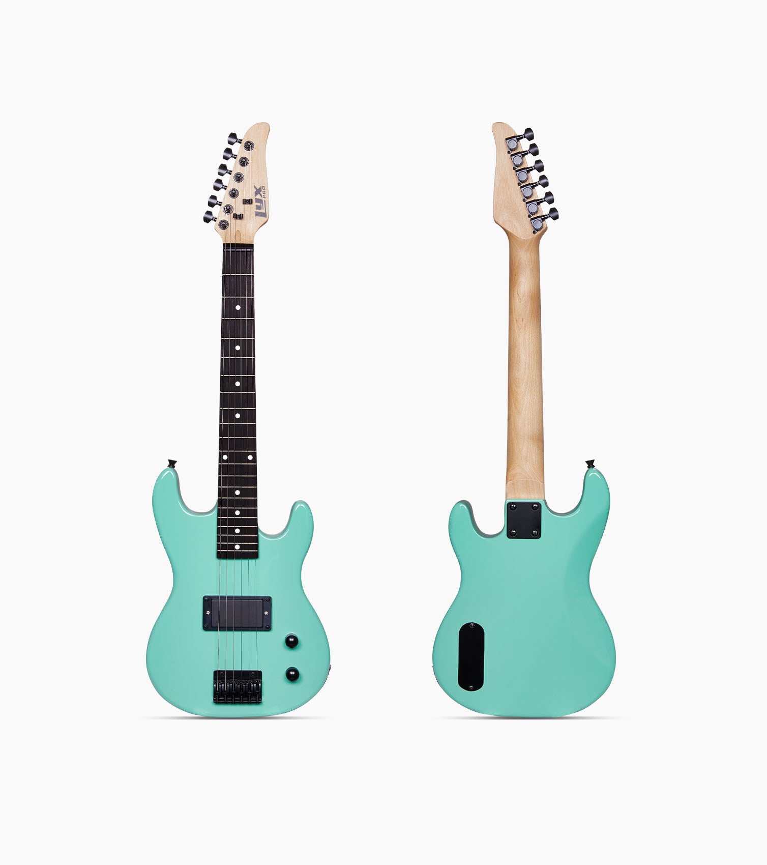 front and back of 30” green beginner electric guitar