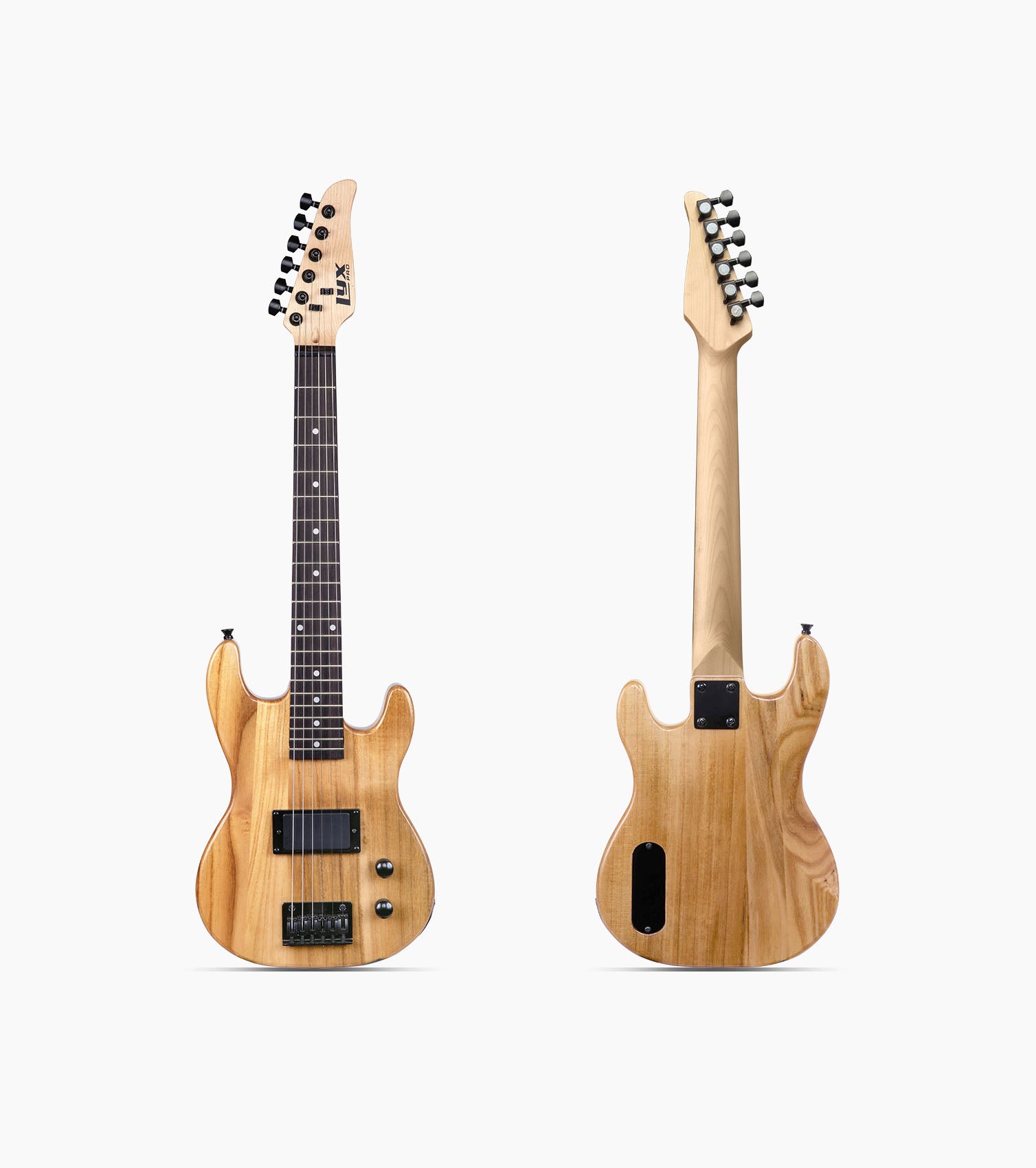 front and back of 30” natural beginner electric guitar