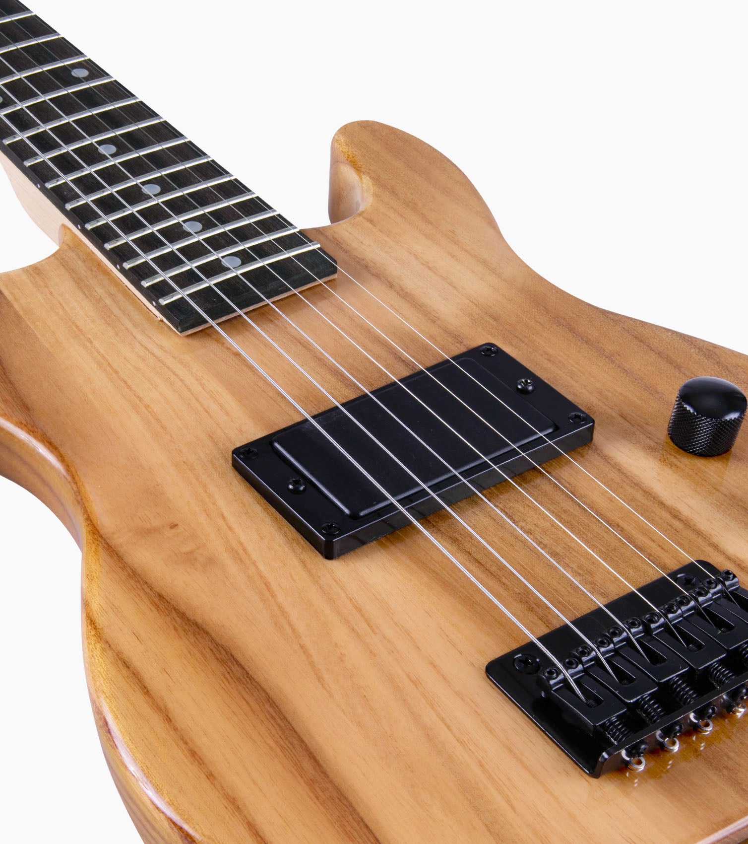 close-up of 30” natural beginner electric guitar