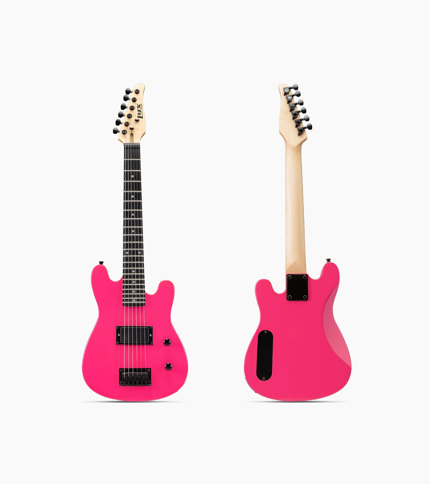 front and back of 30” pink beginner electric guitar