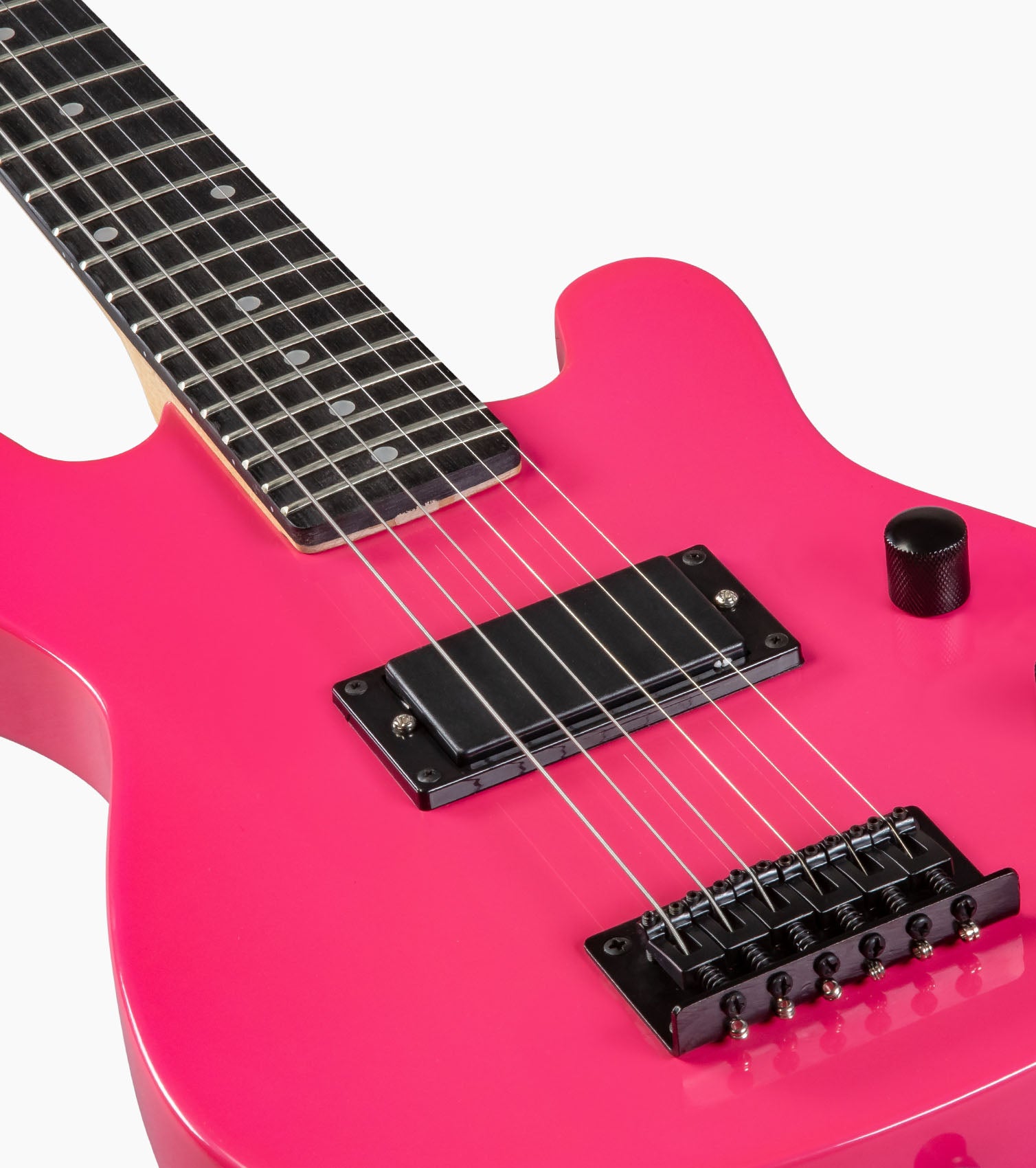 close-up of 30” pink beginner electric guitar