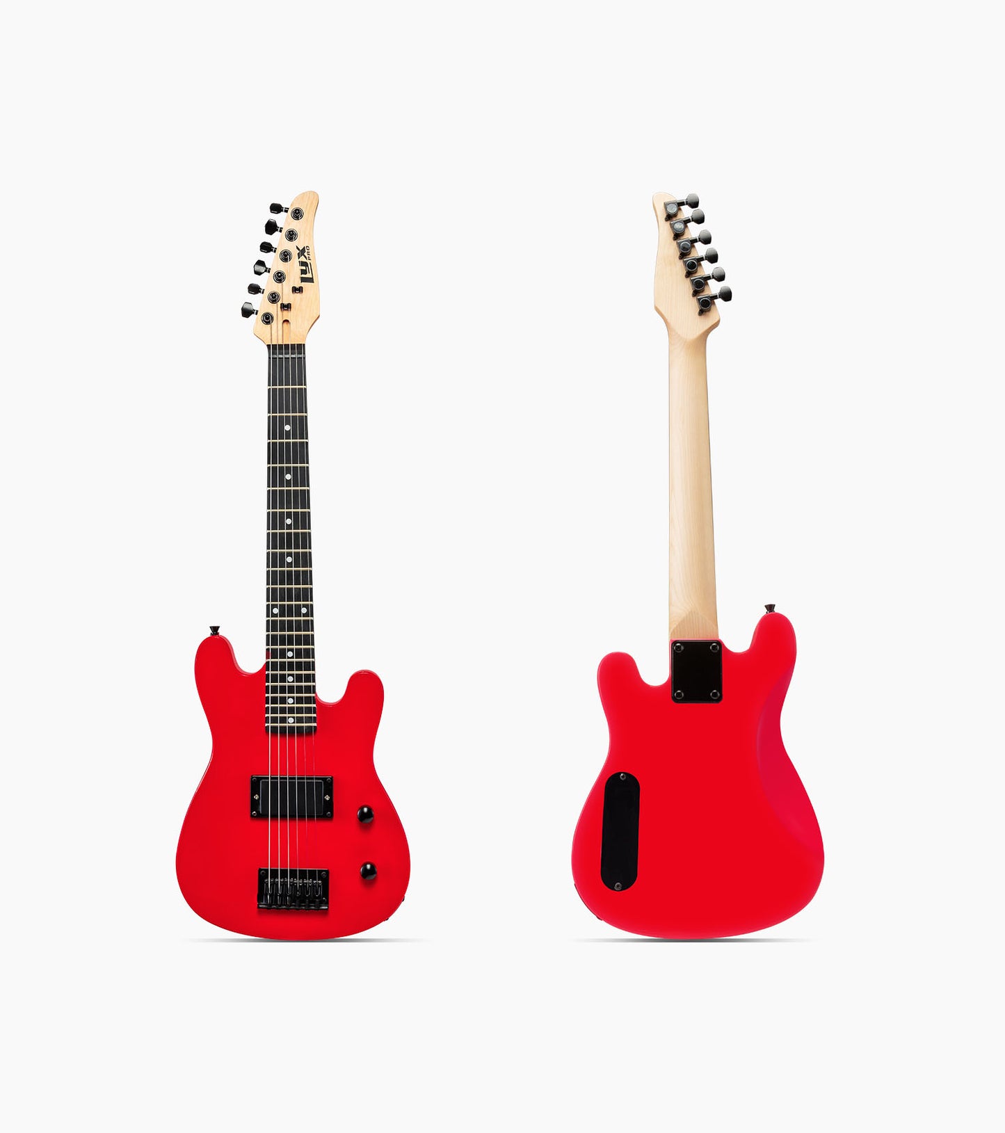 front and back of 30” red beginner electric guitar