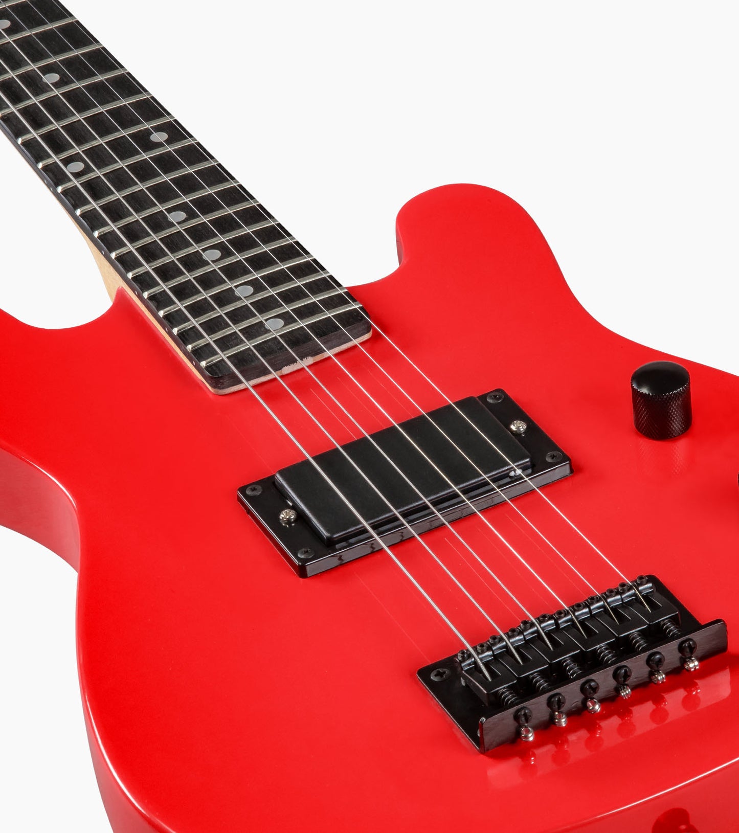 close-up of 30” red beginner electric guitar