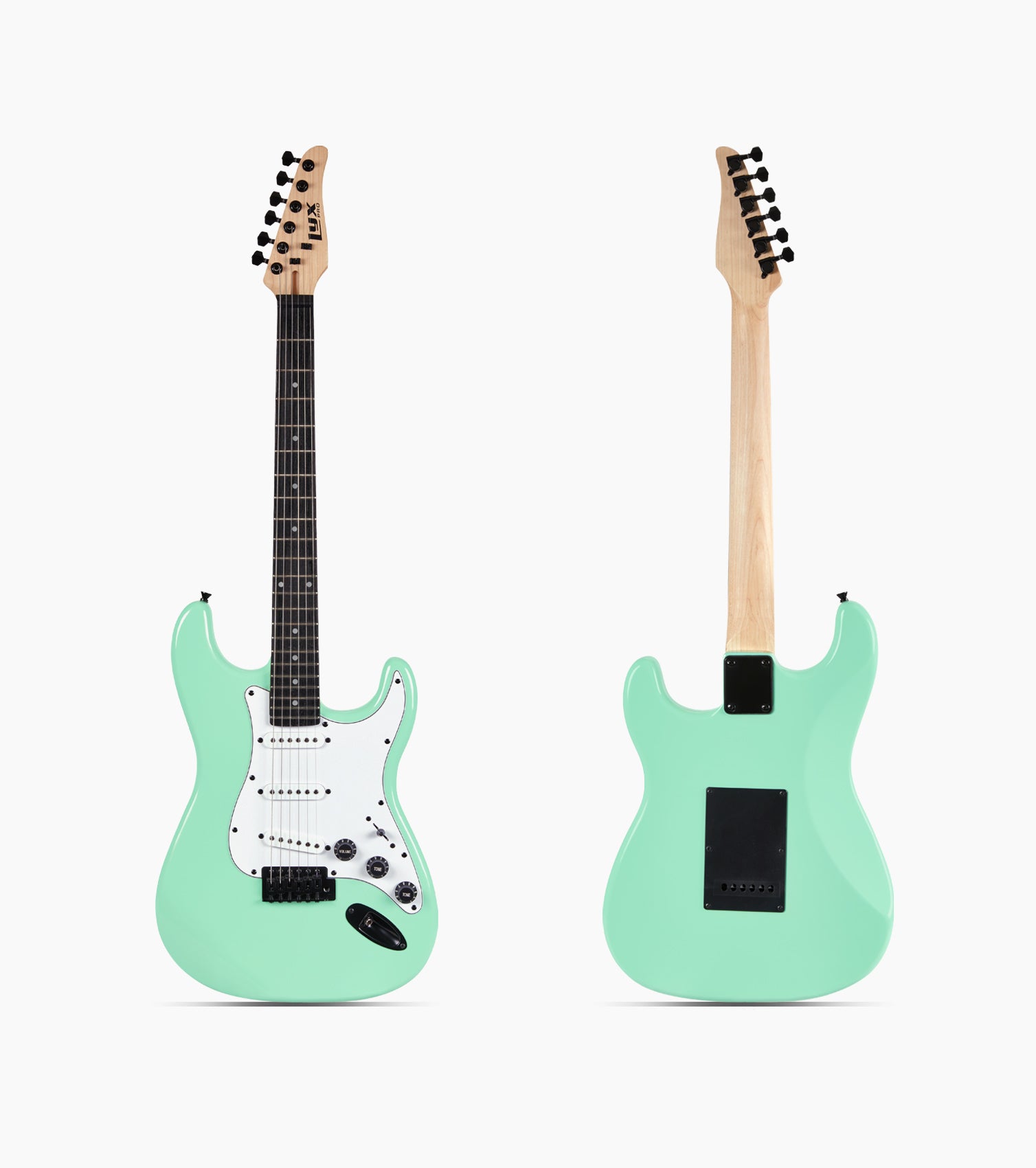 front and back of 36” Green beginner electric guitar
