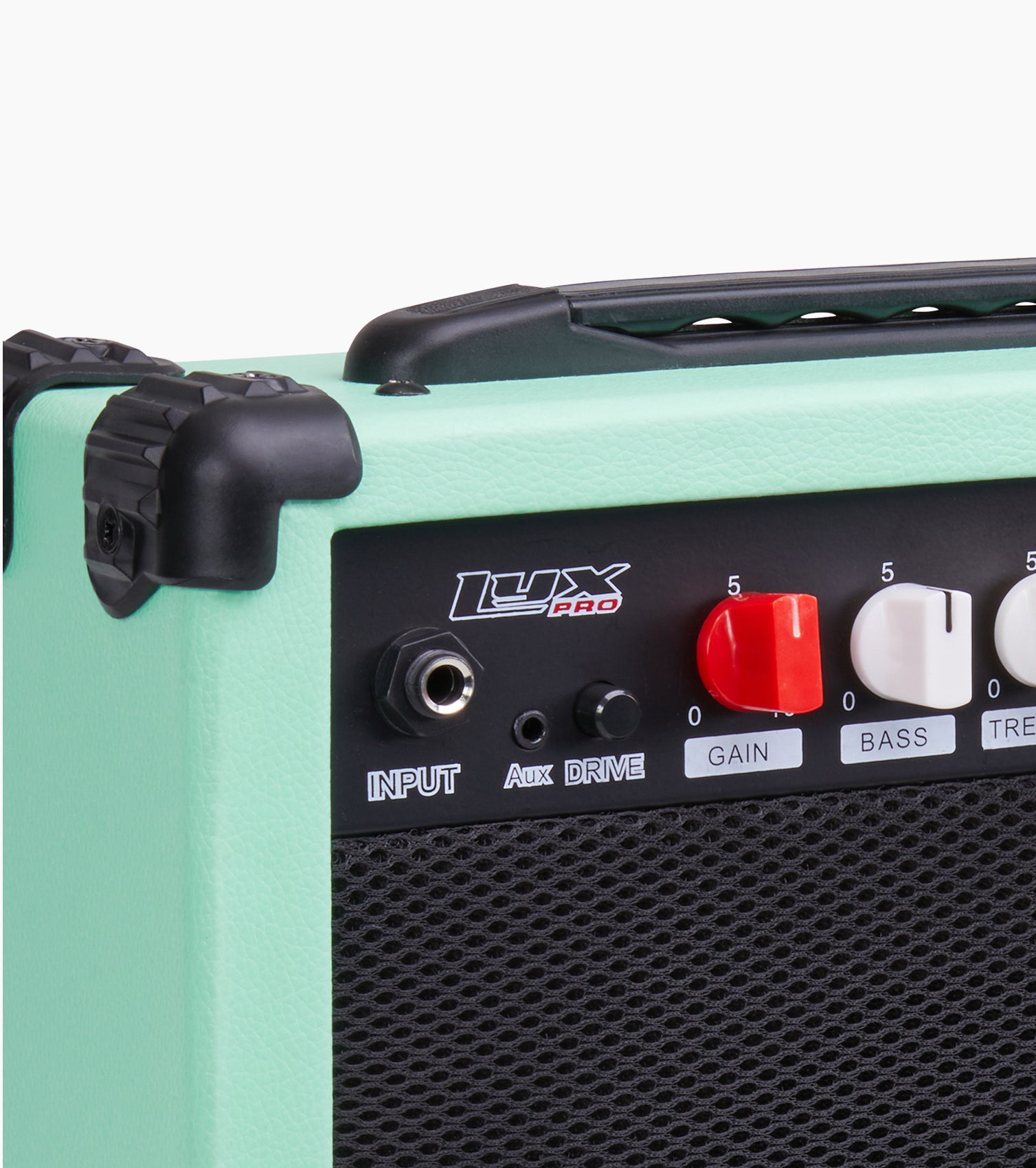 close-up of mini electric guitar amp