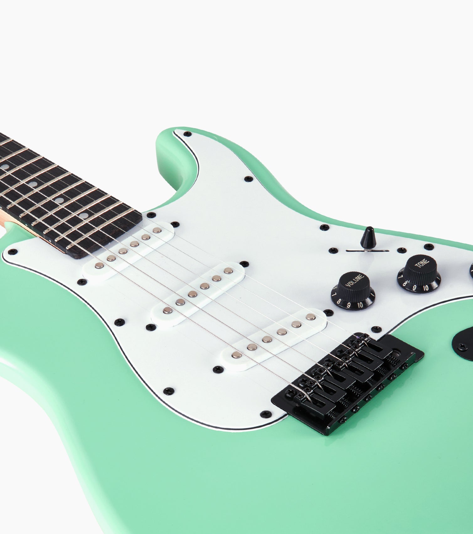 close-up of 36” Green beginner electric guitar