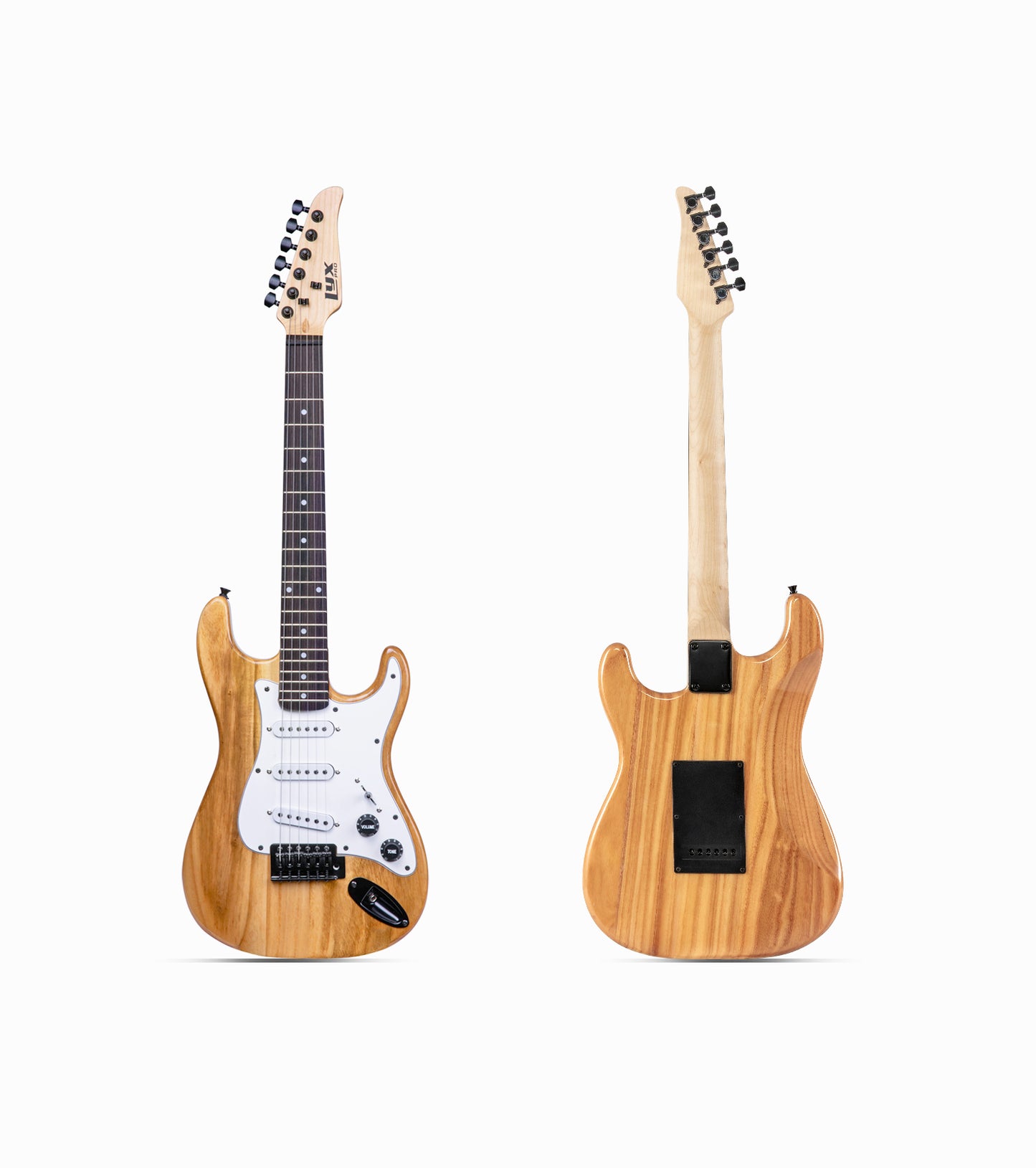 front and back of 36” Natural beginner electric guitar