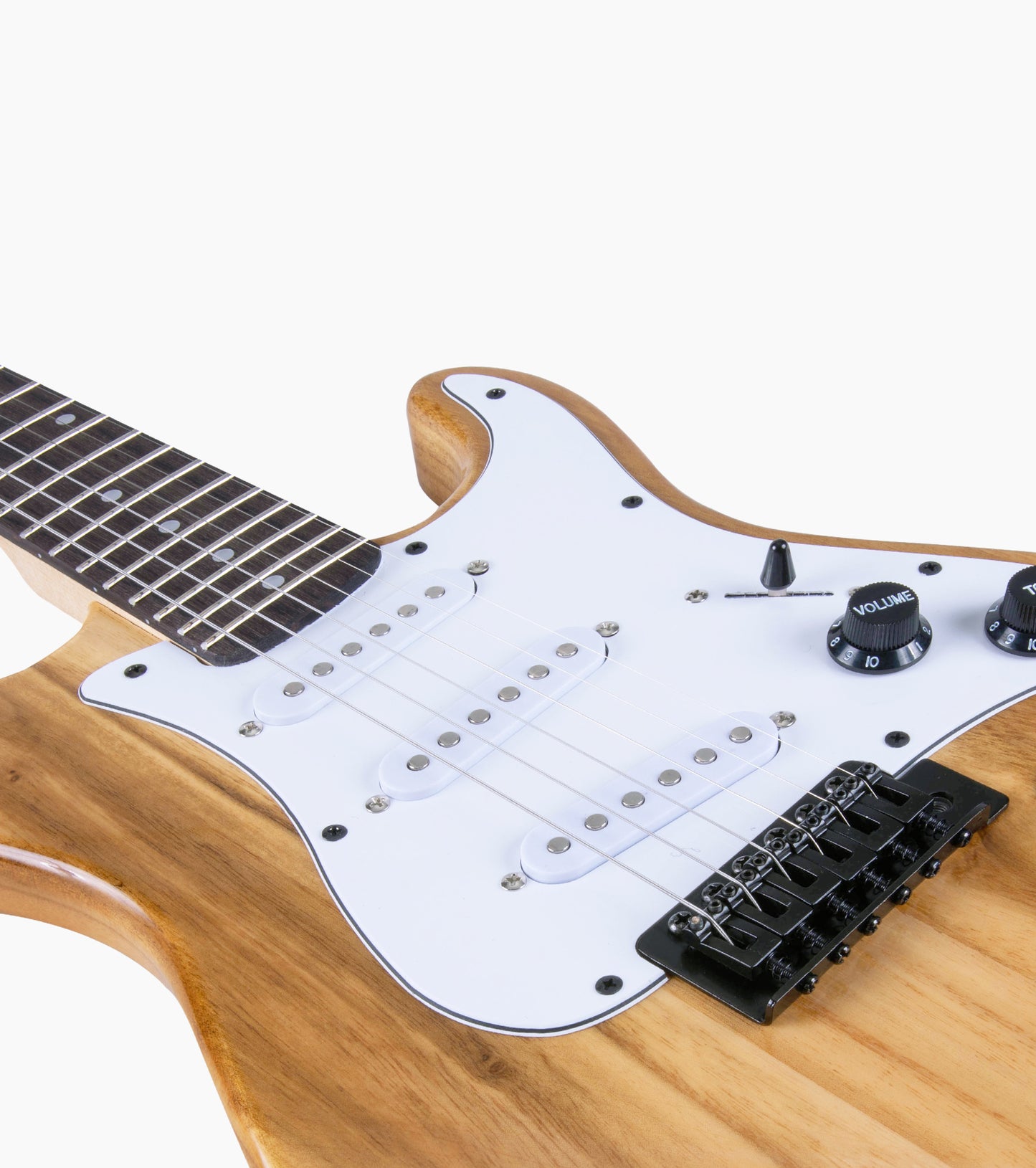 close-up of 36” Natural beginner electric guitar
