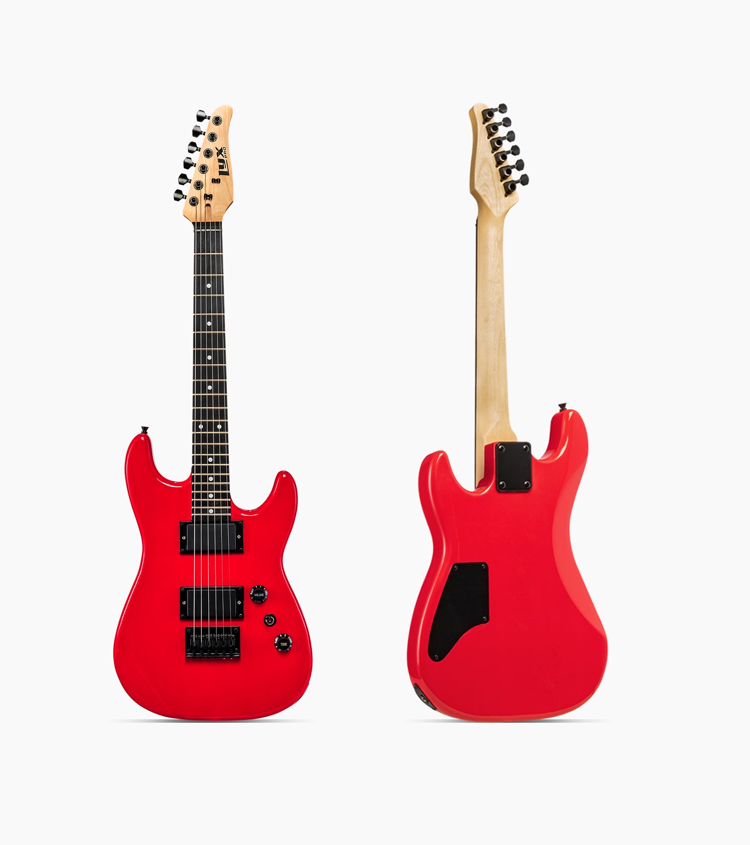 front and back of 36” red beginner electric guitar  