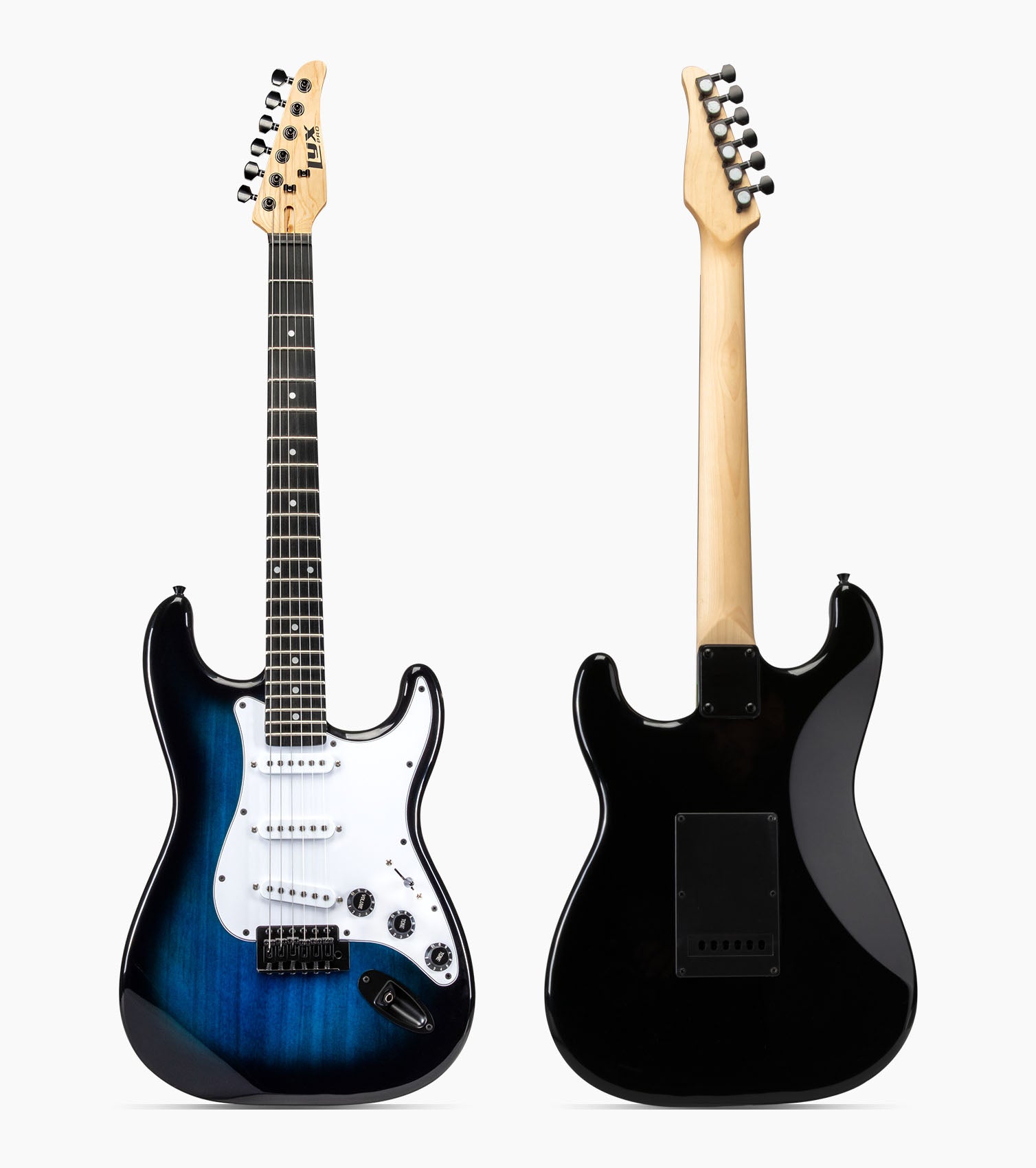 front and back of 39” Blue beginner electric guitar