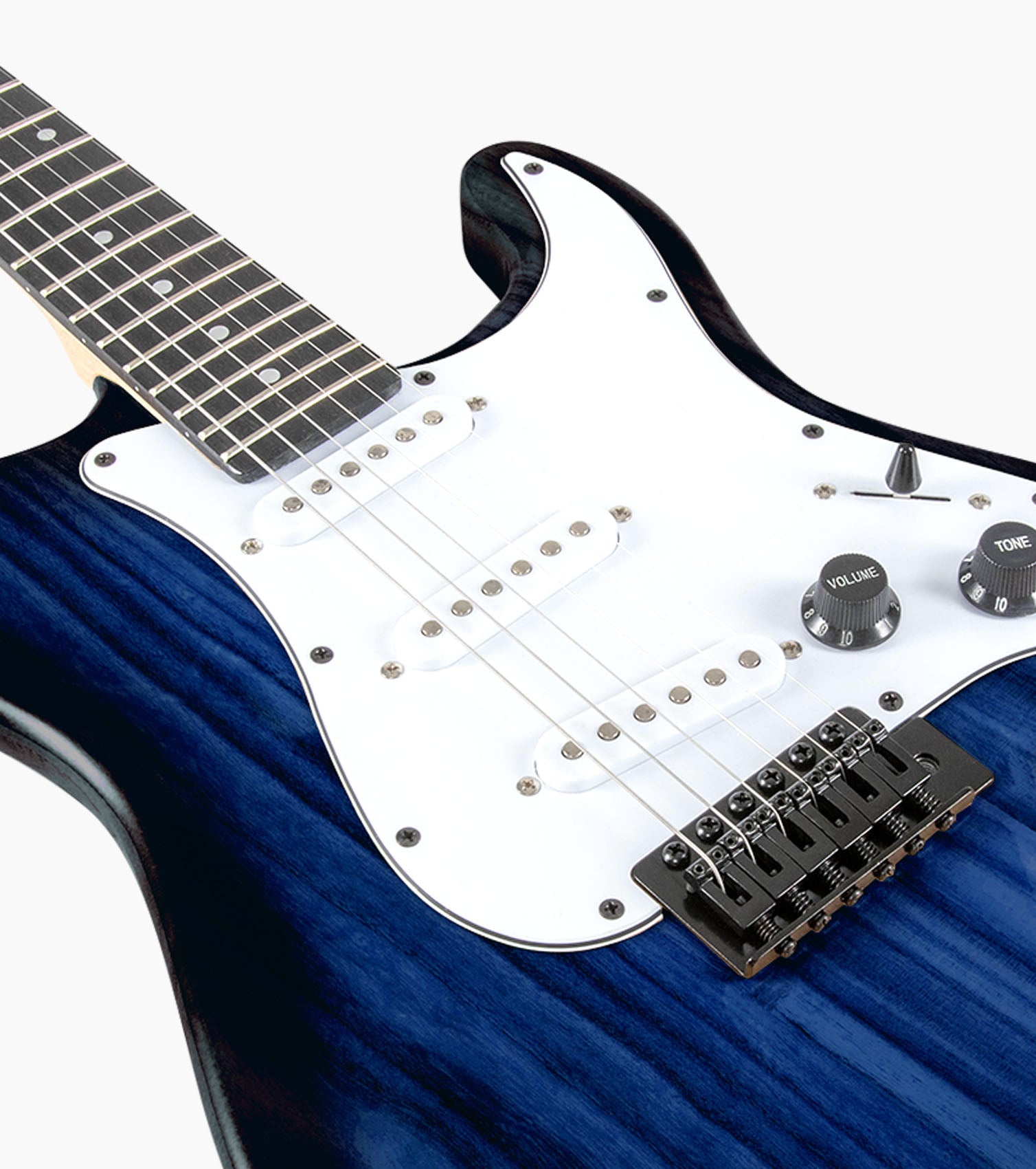 close-up of 39” Blue beginner electric guitar