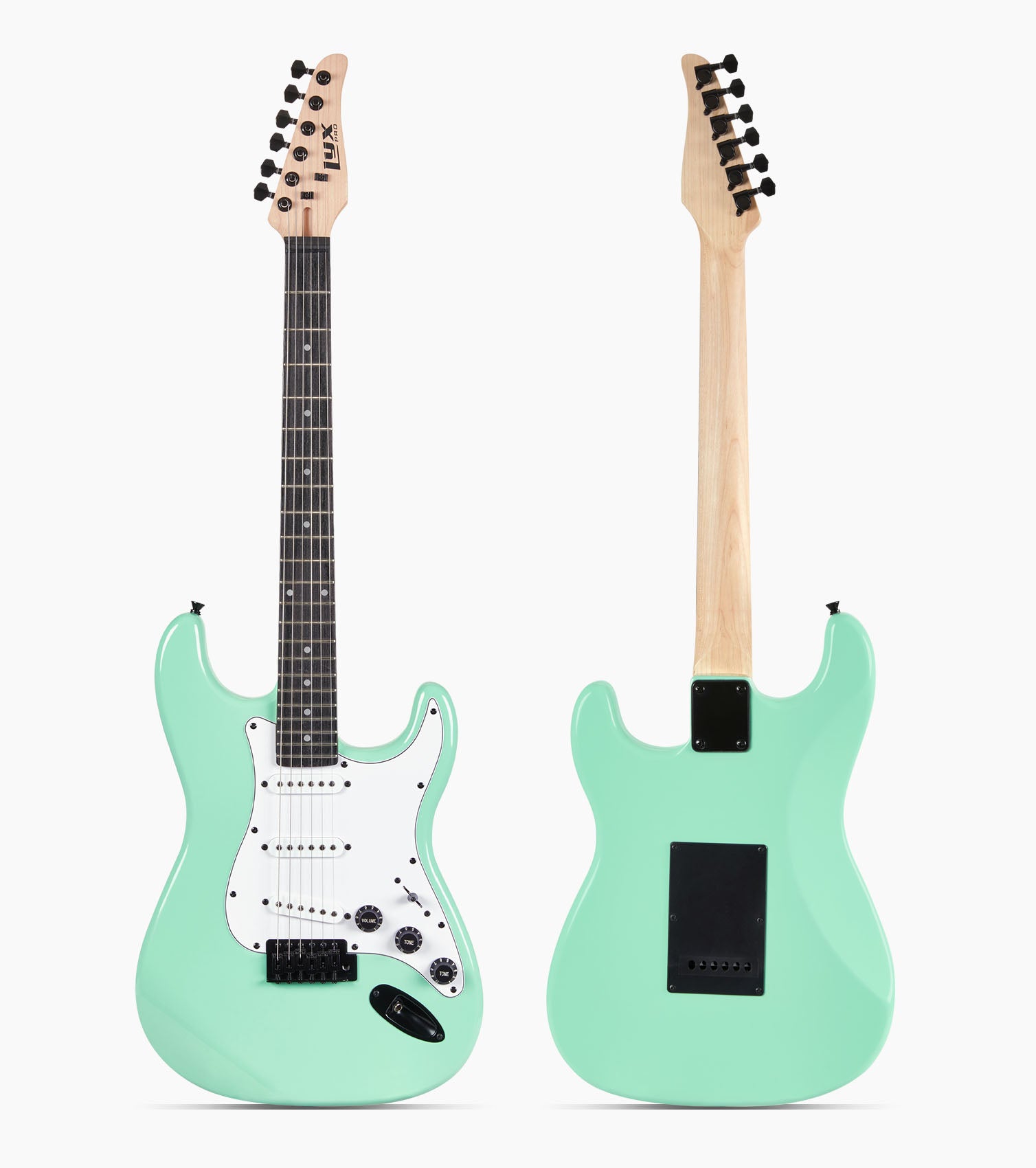 front and back of 39” Green beginner electric guitar