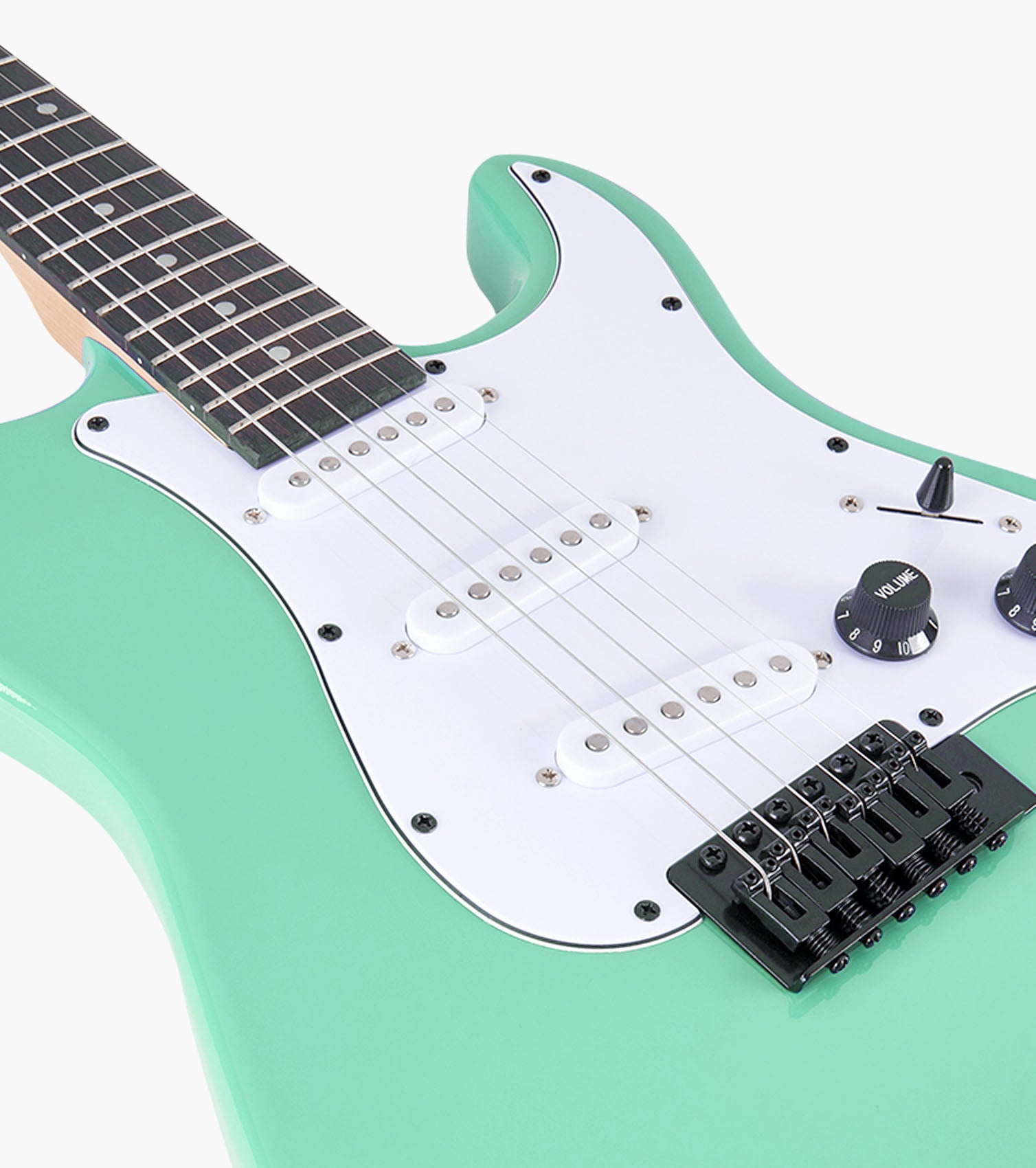 close-up of 39” Green beginner electric guitar