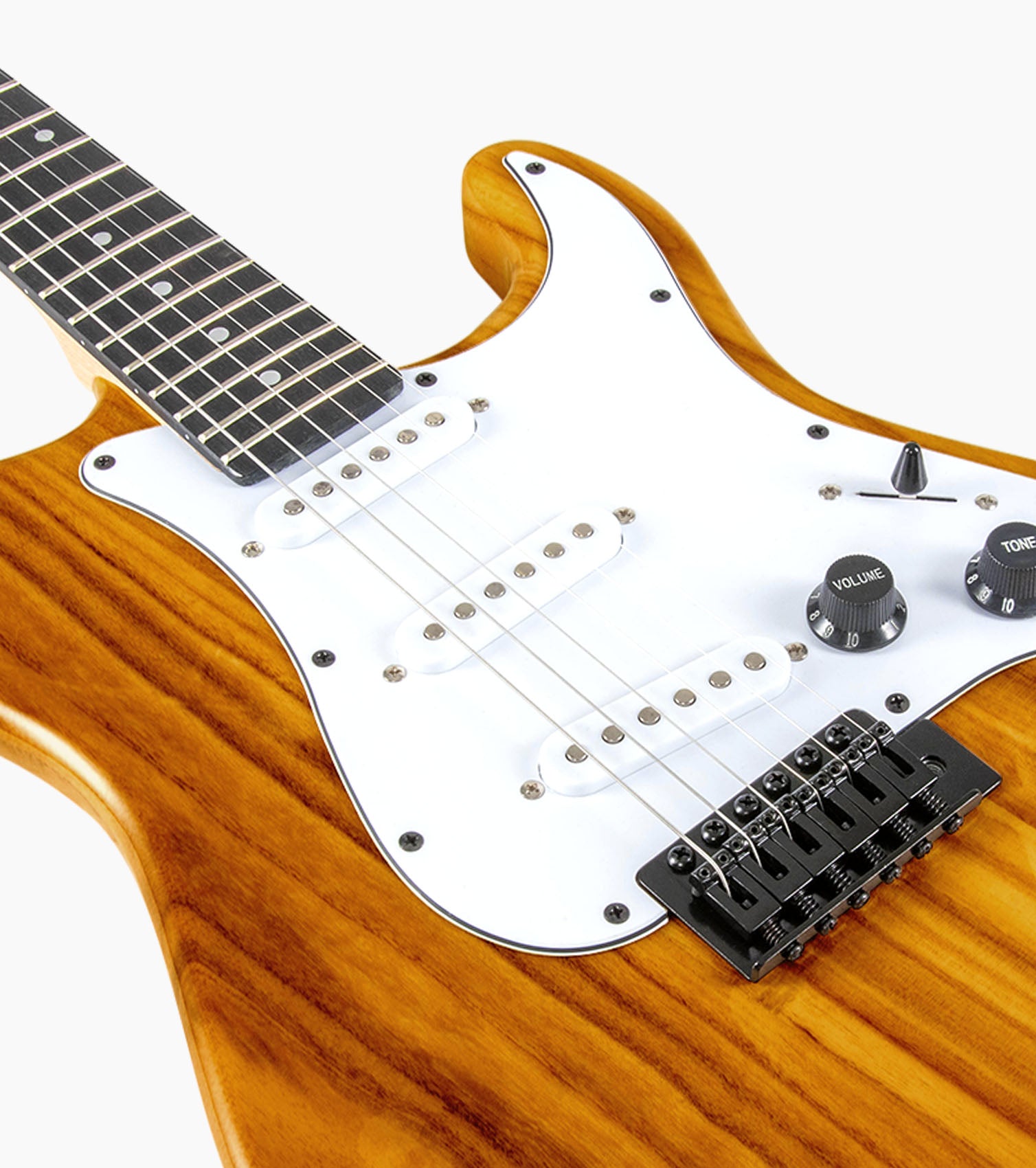 close-up of 39” Mahogany beginner electric guitar