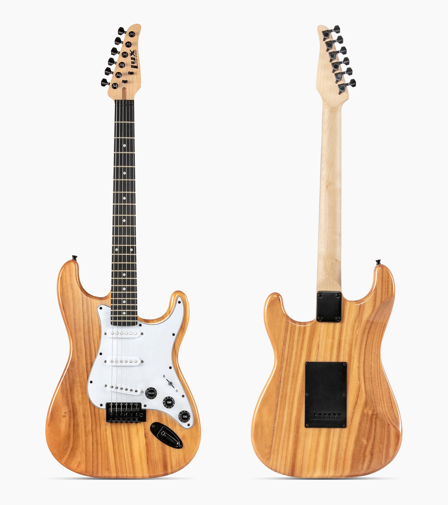 front and back of 39” Natural beginner electric guitar