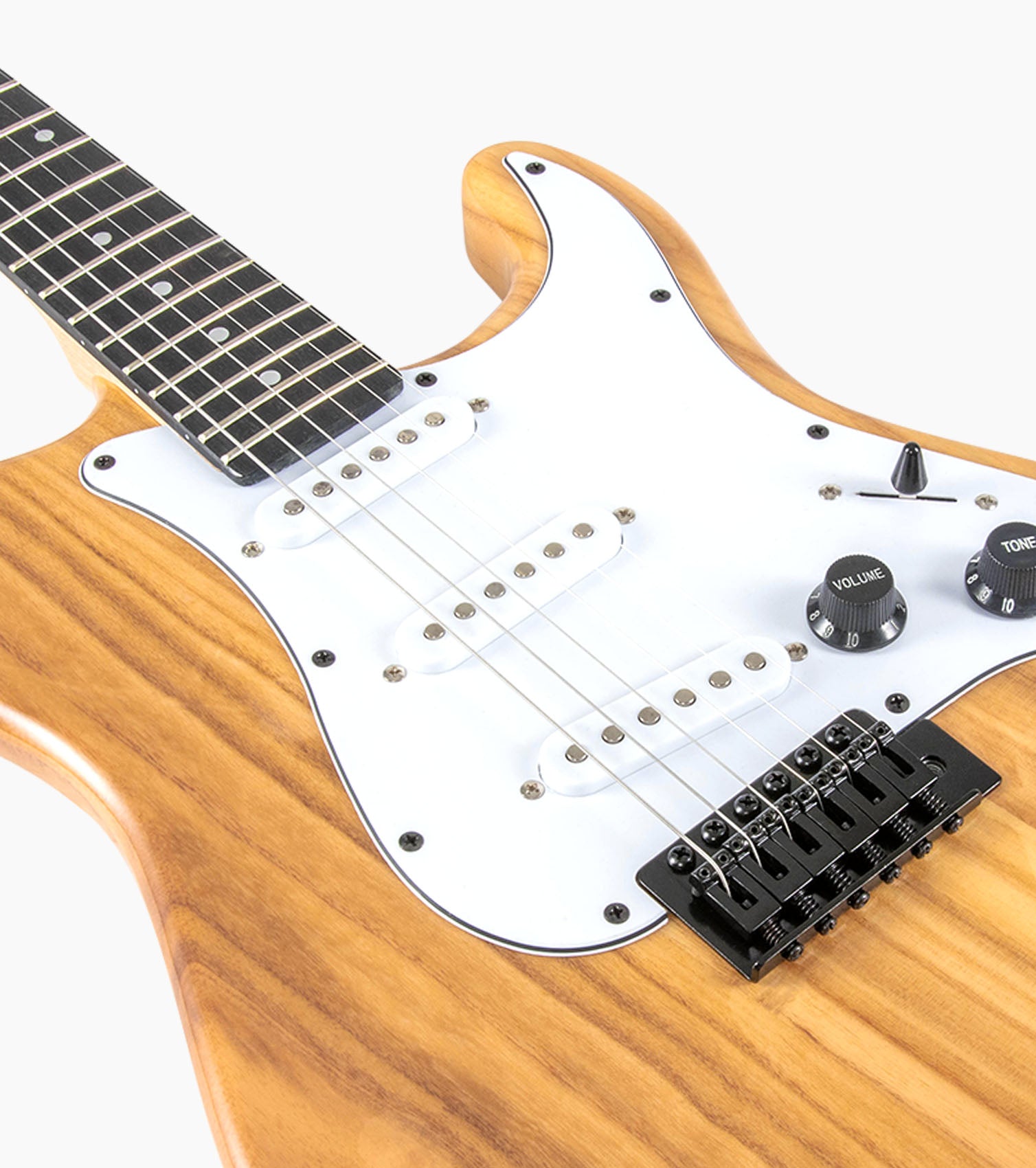 close-up of 39” Natural beginner electric guitar