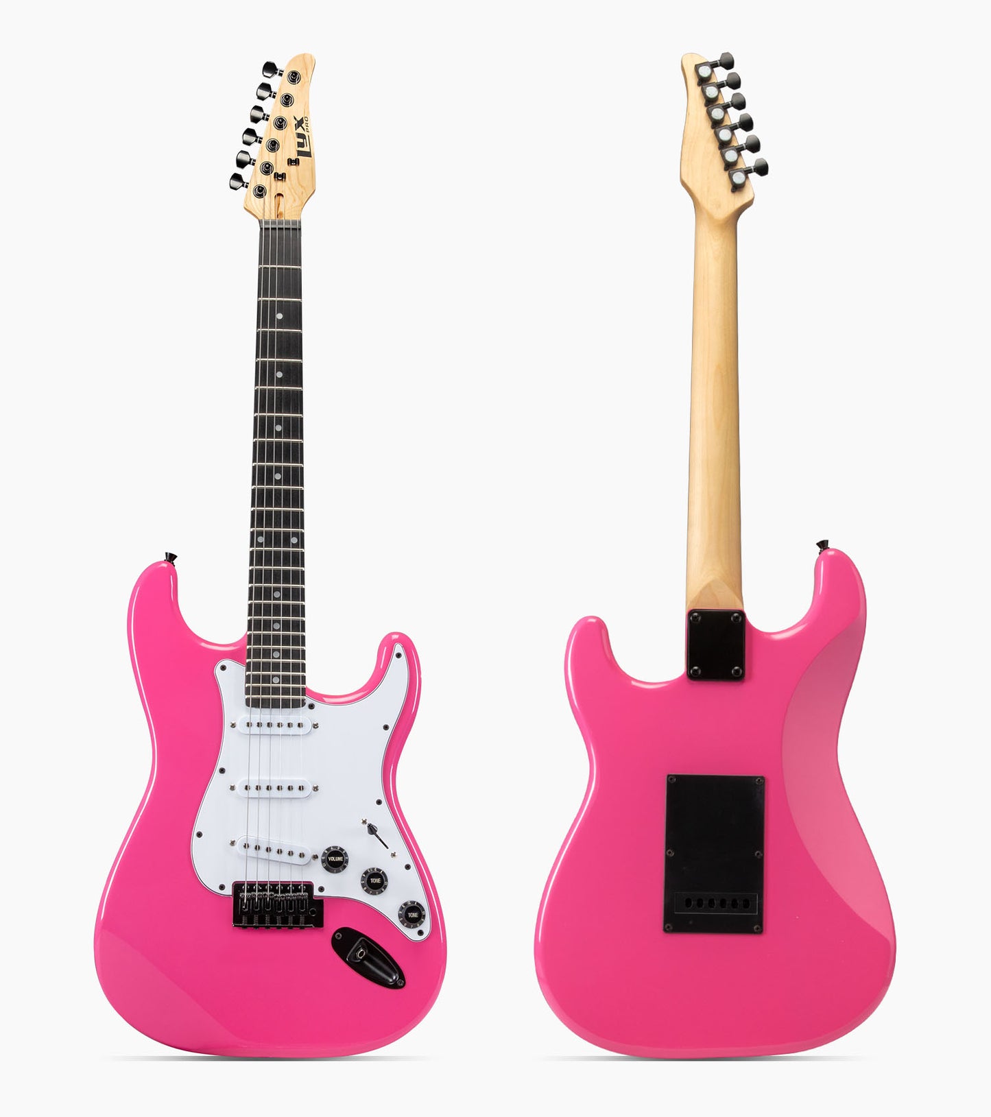 front and back of 39” Pink beginner electric guitar