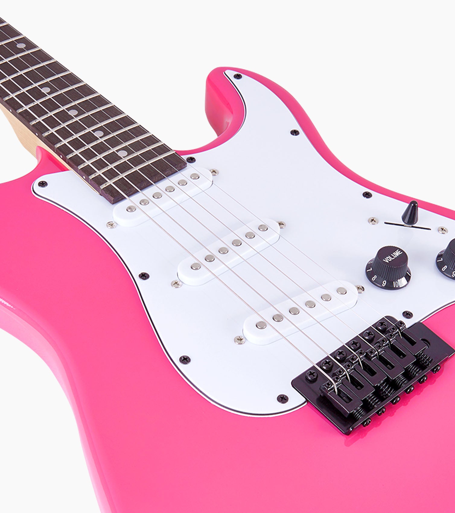 close-up of 39” Pink beginner electric guitar