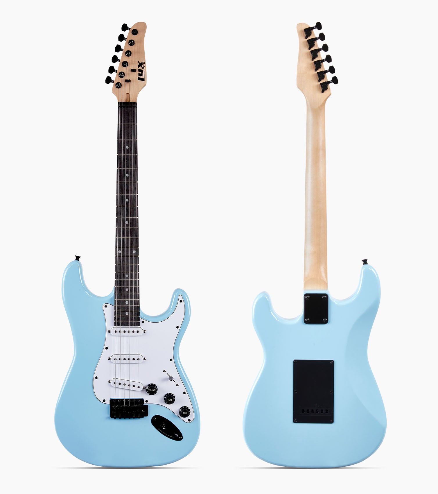 front and back of 39” Retro Blue beginner electric guitar