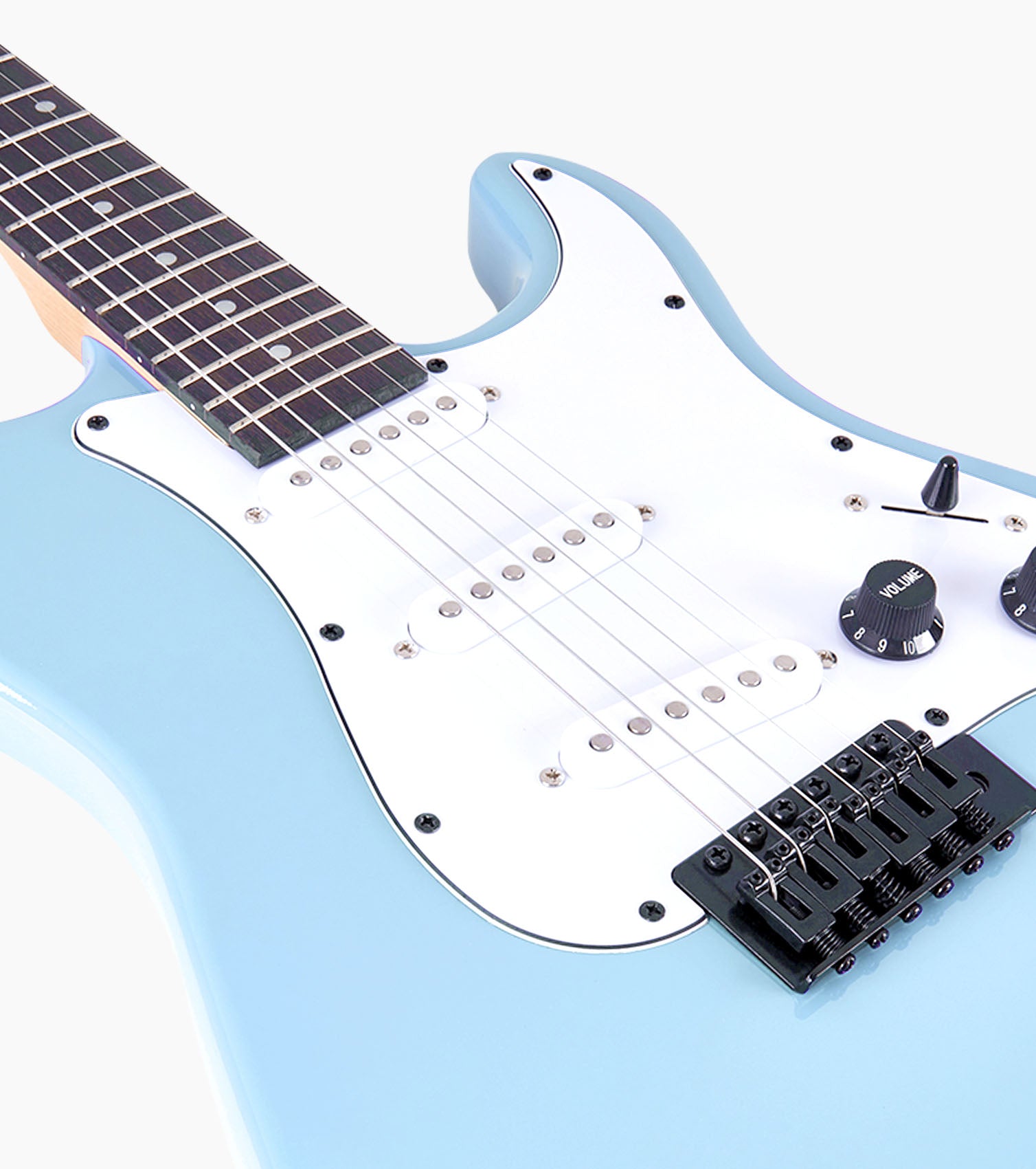 close-up of 39” Retro Blue beginner electric guitar