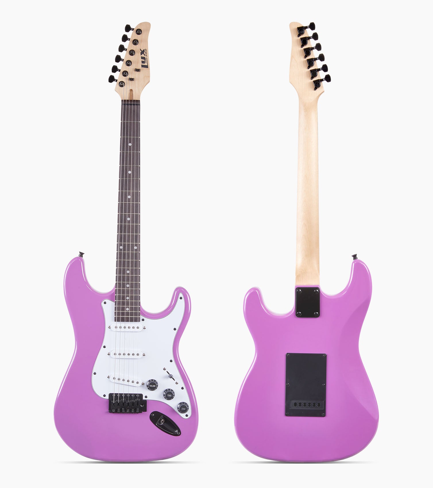 front and back of 39” Retro Purple beginner electric guitar
