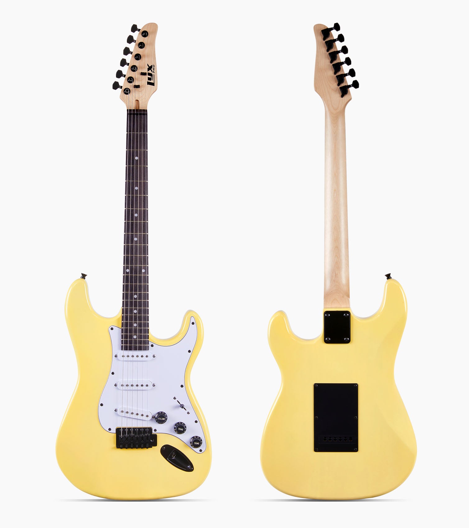 front and back of 39” Retro Yellow beginner electric guitar