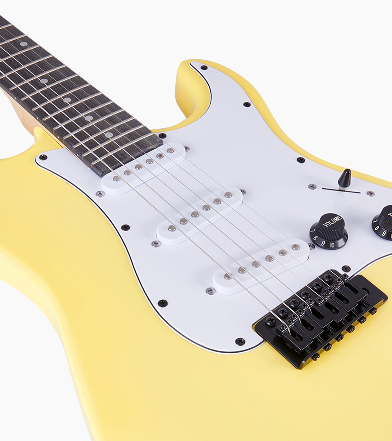 close-up of 39” Retro Yellow beginner electric guitar