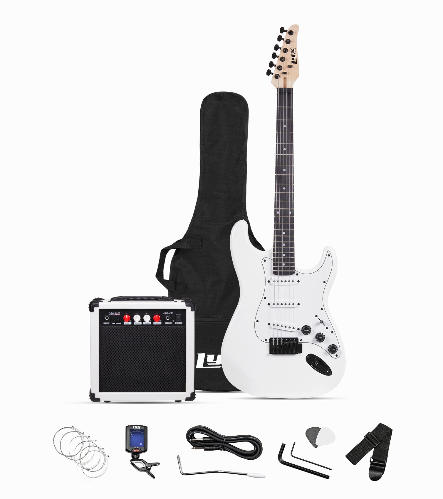 39” White beginner electric guitar set with beginner electric guitar set