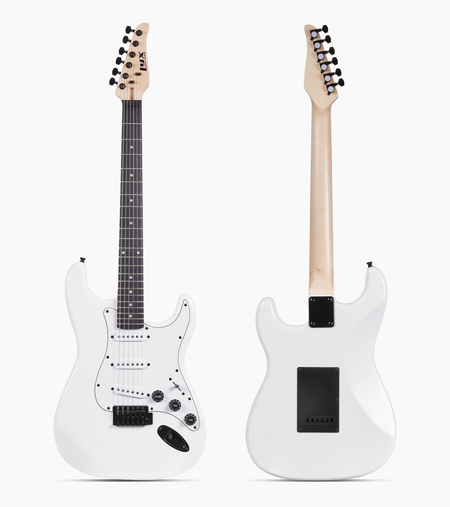 front and back of 39” White beginner electric guitar